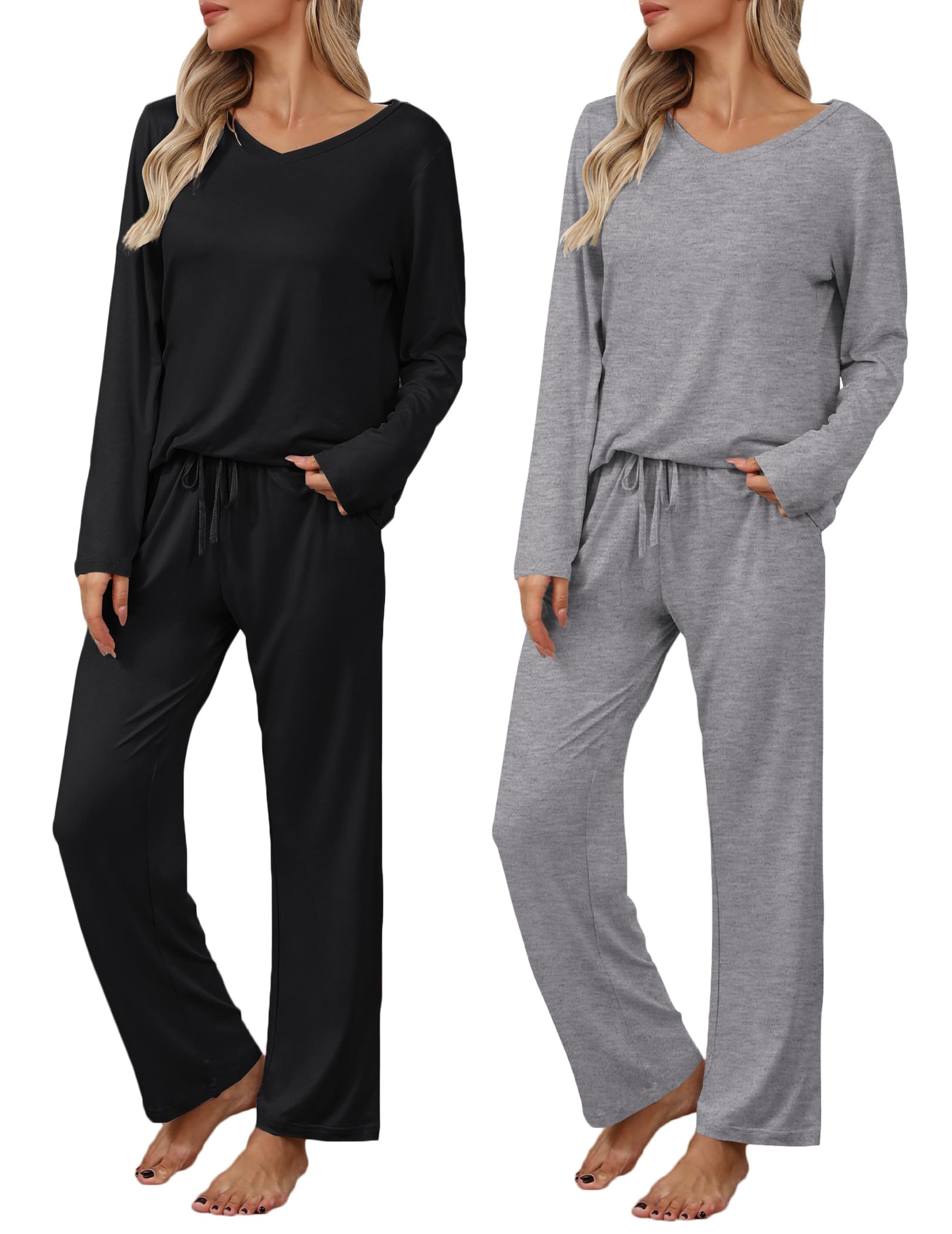 Ekouaer Womens 2 Pack Pajama Set Long Sleeve Pajamas Top and Pants V Neck Pjs Set Soft Loungewear with Pockets
