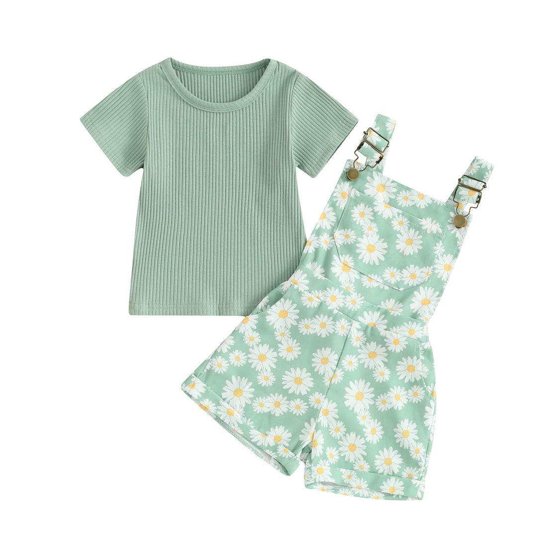 Toddler Baby Girls Summer Outfits T-Shirt Overalls Shorts Set | Short Sleeve Ribbed Shirt, Flower/Apple/Strawberry/Camo/Star/Bee Suspender Overalls, Kid 2Pcs Clothing, Spring Clothes 12M-5Y WEBE CLOTHING