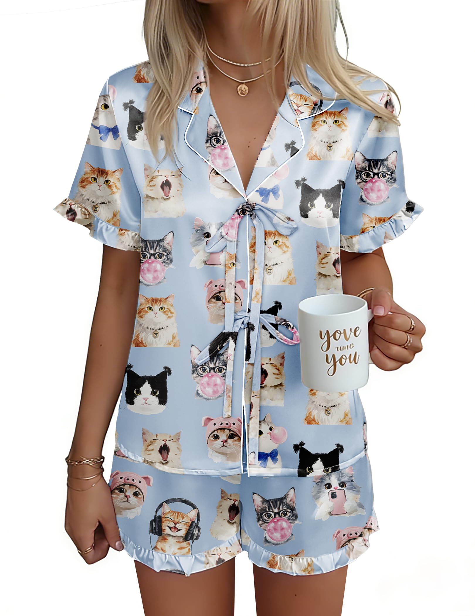 Ekouaer Satin Pajama for Women Short Sleeve Silky Pj Short Set Bow Front Tie Up Loungewear Sleepwear