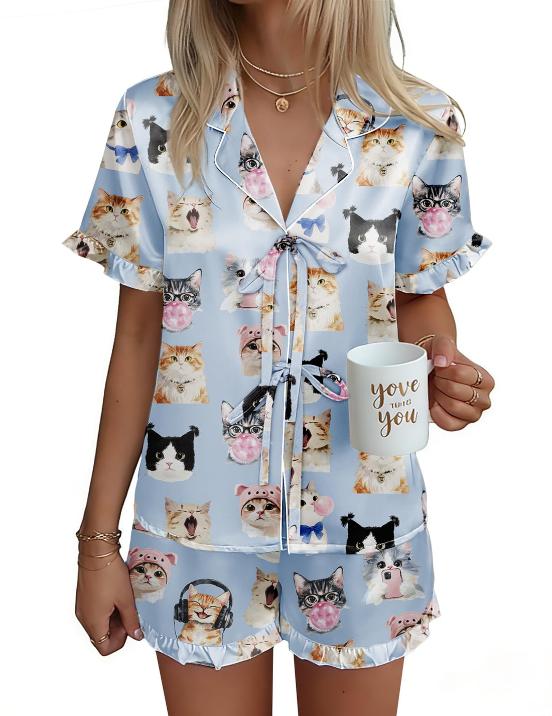 Ekouaer Satin Pajama for Women Short Sleeve Silky Pj Short Set Bow Front Tie Up Loungewear Sleepwear