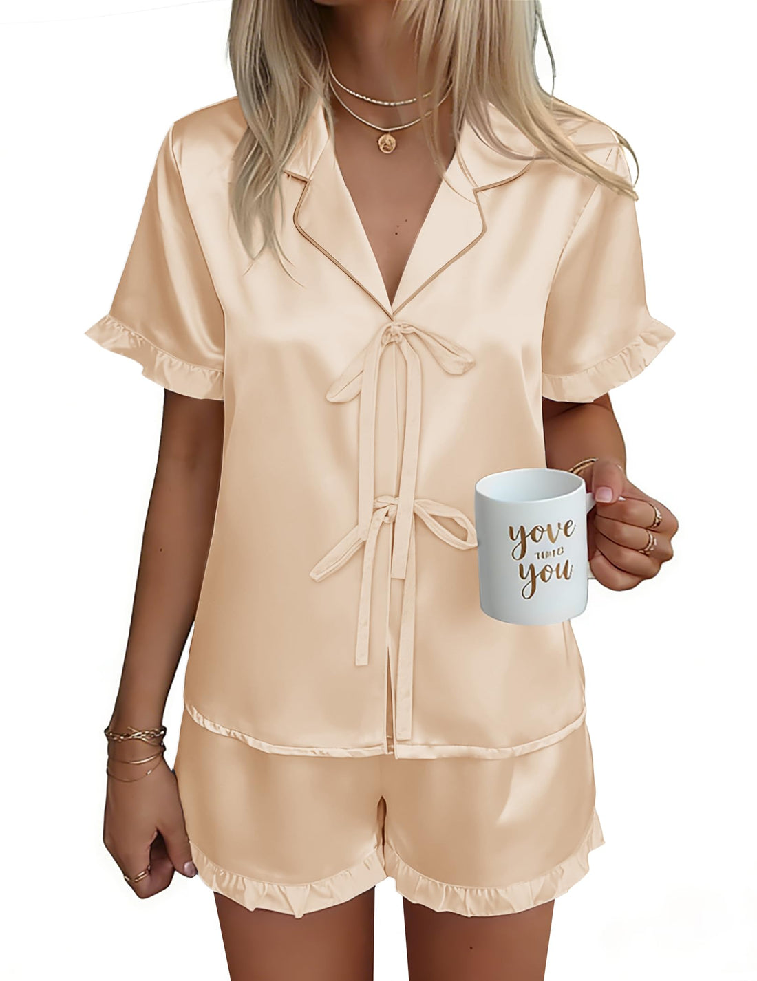 Ekouaer Satin Pajama for Women Short Sleeve Silky Pj Short Set Bow Front Tie Up Loungewear Sleepwear