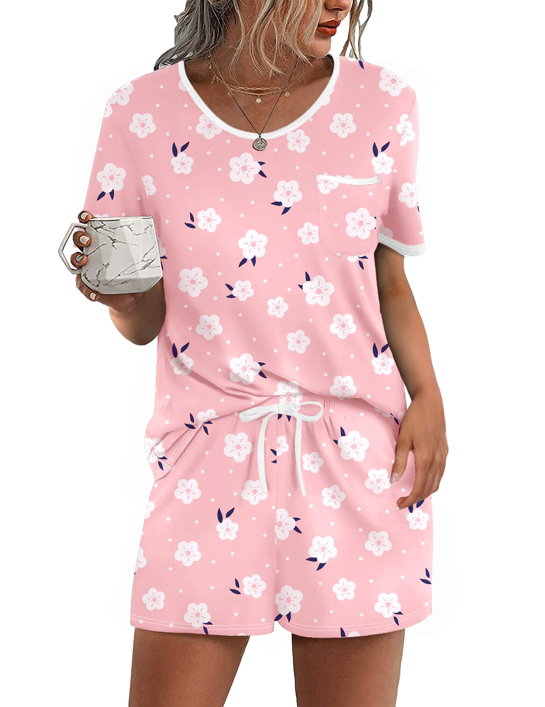 Ekouaer Pajama Set for Women 2 Piece Lounge Set Short Sleeve Tops and Shorts Soft Sleepwear, Chest Pocket