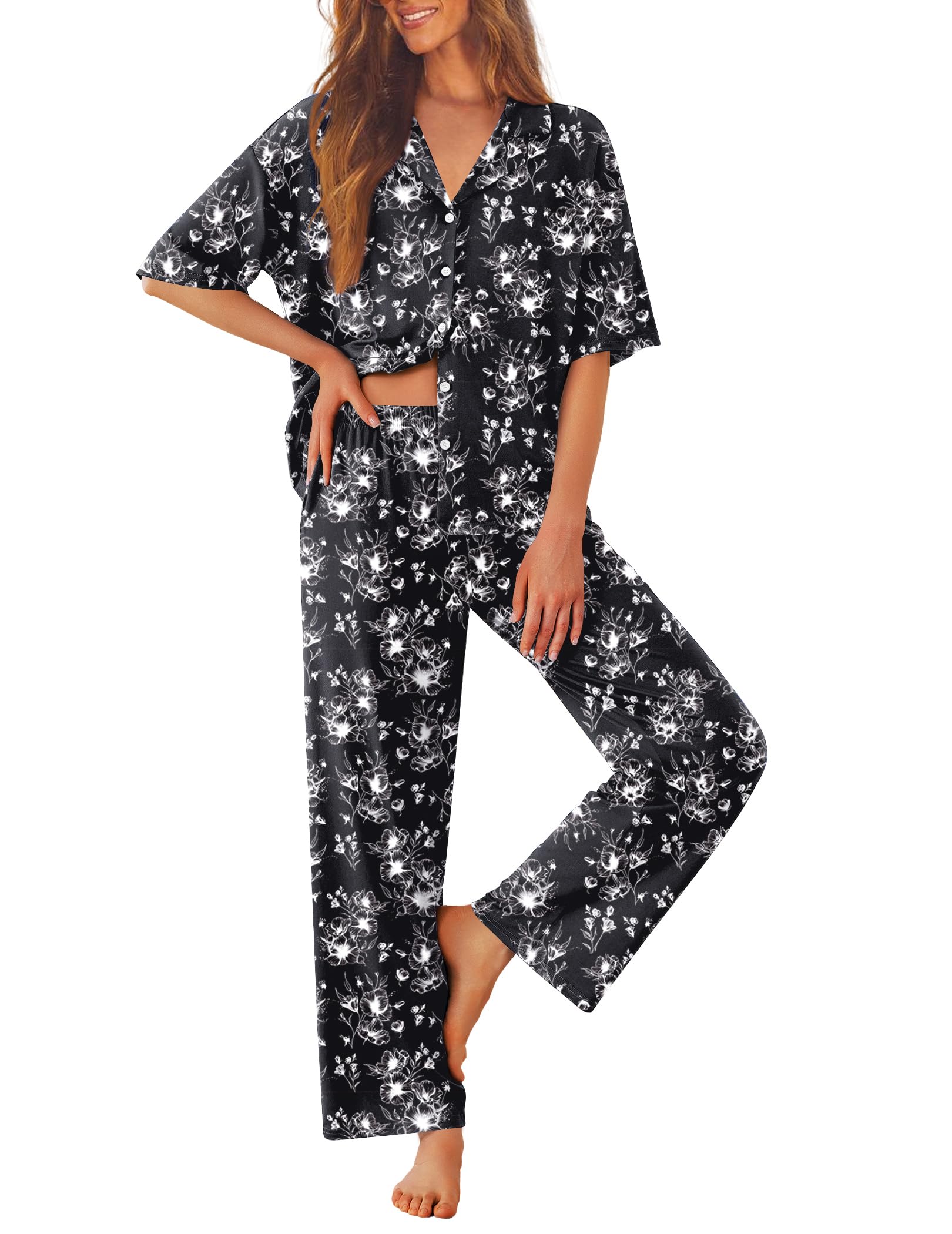 Ekouaer Women Pajamas Set Button Down Sleepwear Short Sleeve Pjs Soft Comfy Nightwear with Long Pants S-XXL