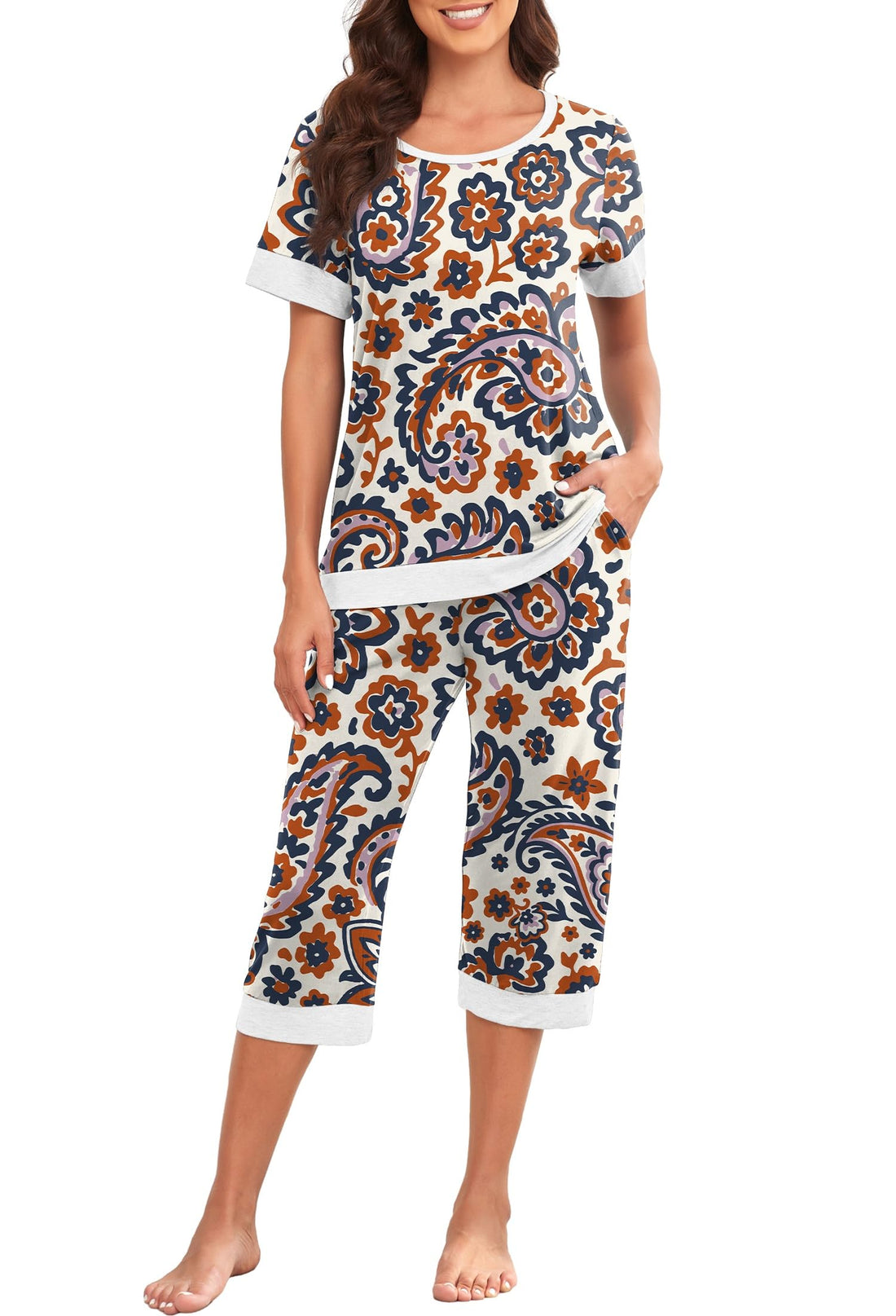 PrinStory Women's Pajama Set Short Sleeve Shirt and Capri Pants Sleepwear Pjs Sets Lounge Set WEBE CLOTHING