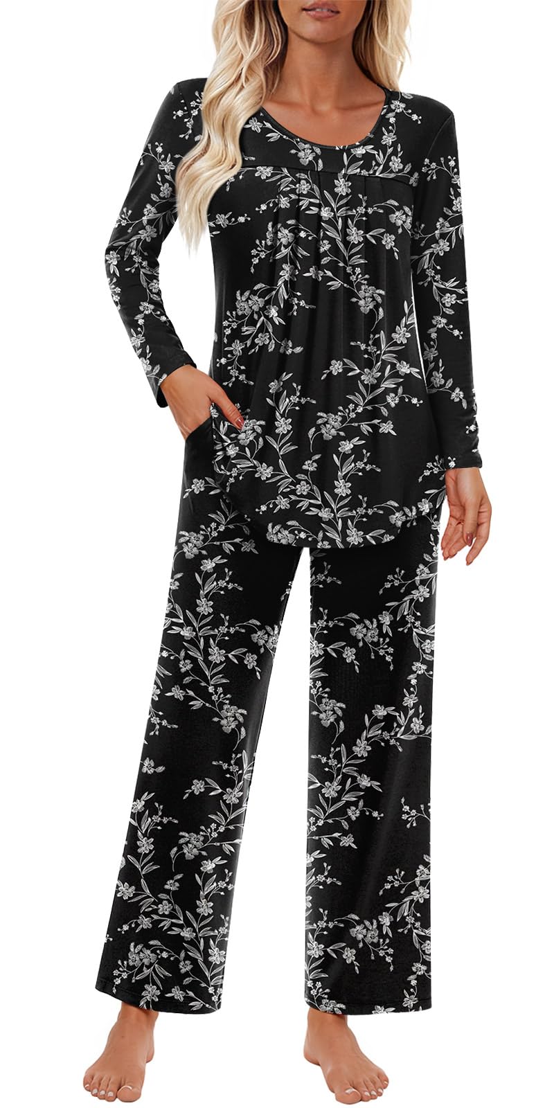 Findsweet Women's Pajama Set 2 Piece Lounge Outfits Soft Sleepwear Fall Long Sleeve Long Pant With Pockets Ladies Pjs S-3XL