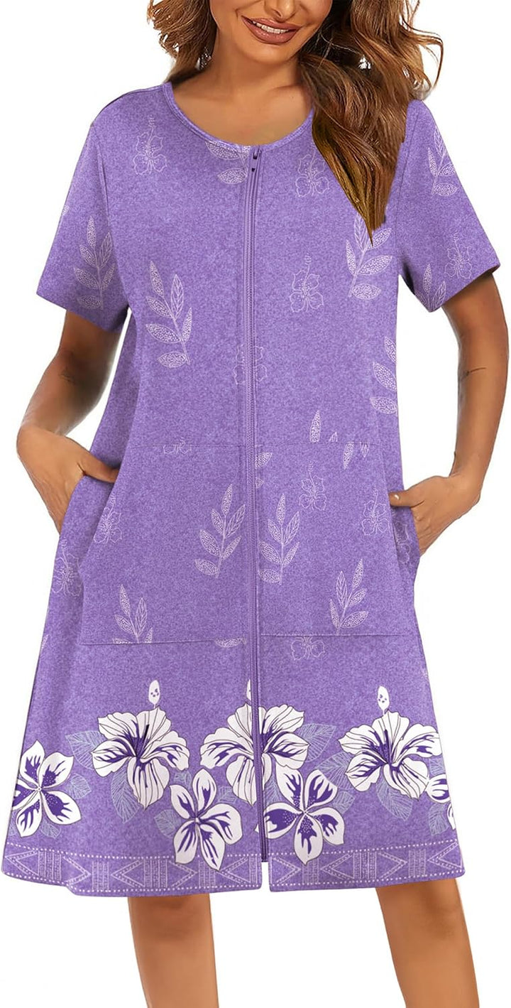 Ekouaer Women Robes Lightweight House Coat Short Sleeve Floral Print Mumu House Dresses with Pockets Zipper Nightgowns