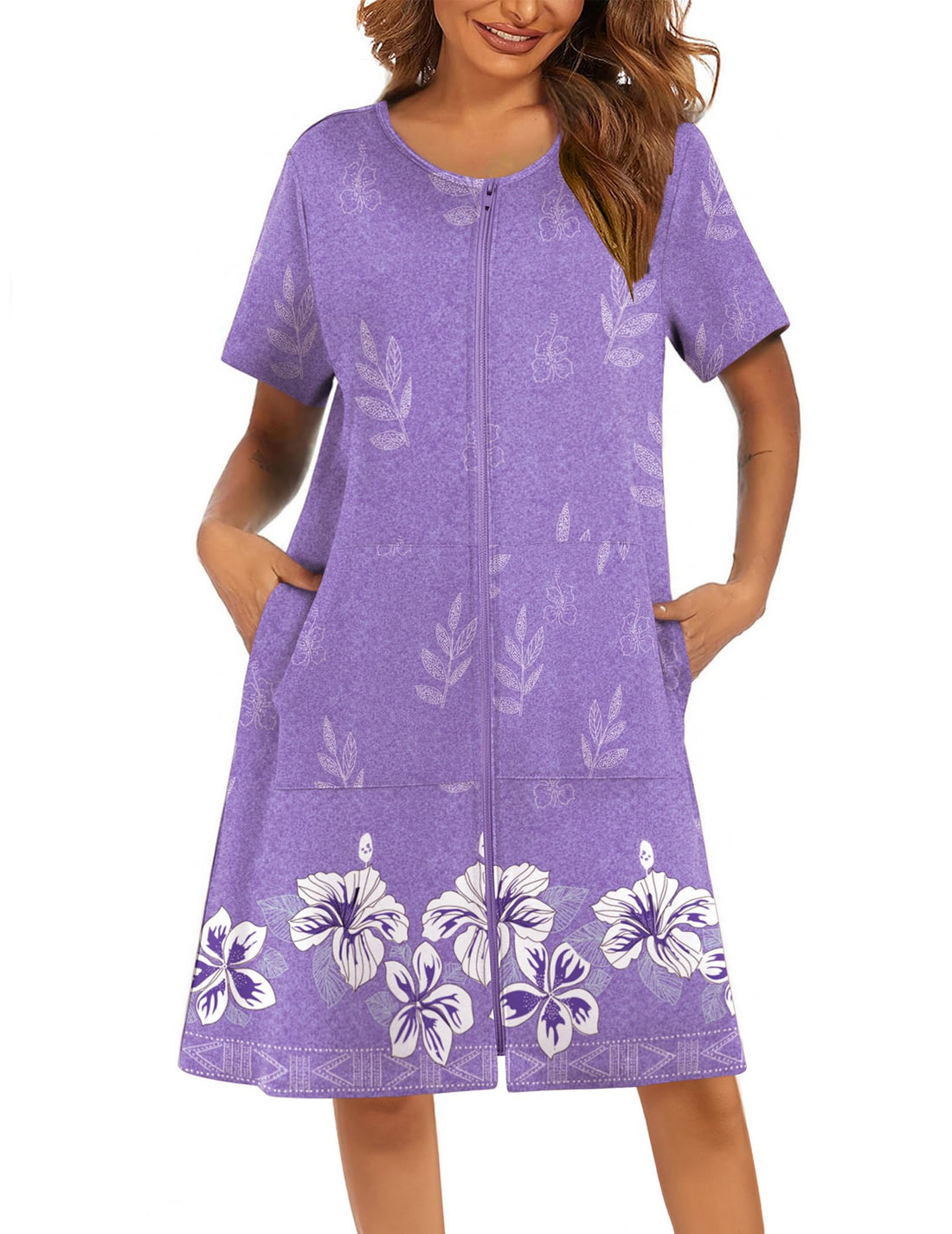 Ekouaer Women Robes Lightweight House Coat Short Sleeve Floral Print Mumu House Dresses with Pockets Zipper Nightgowns