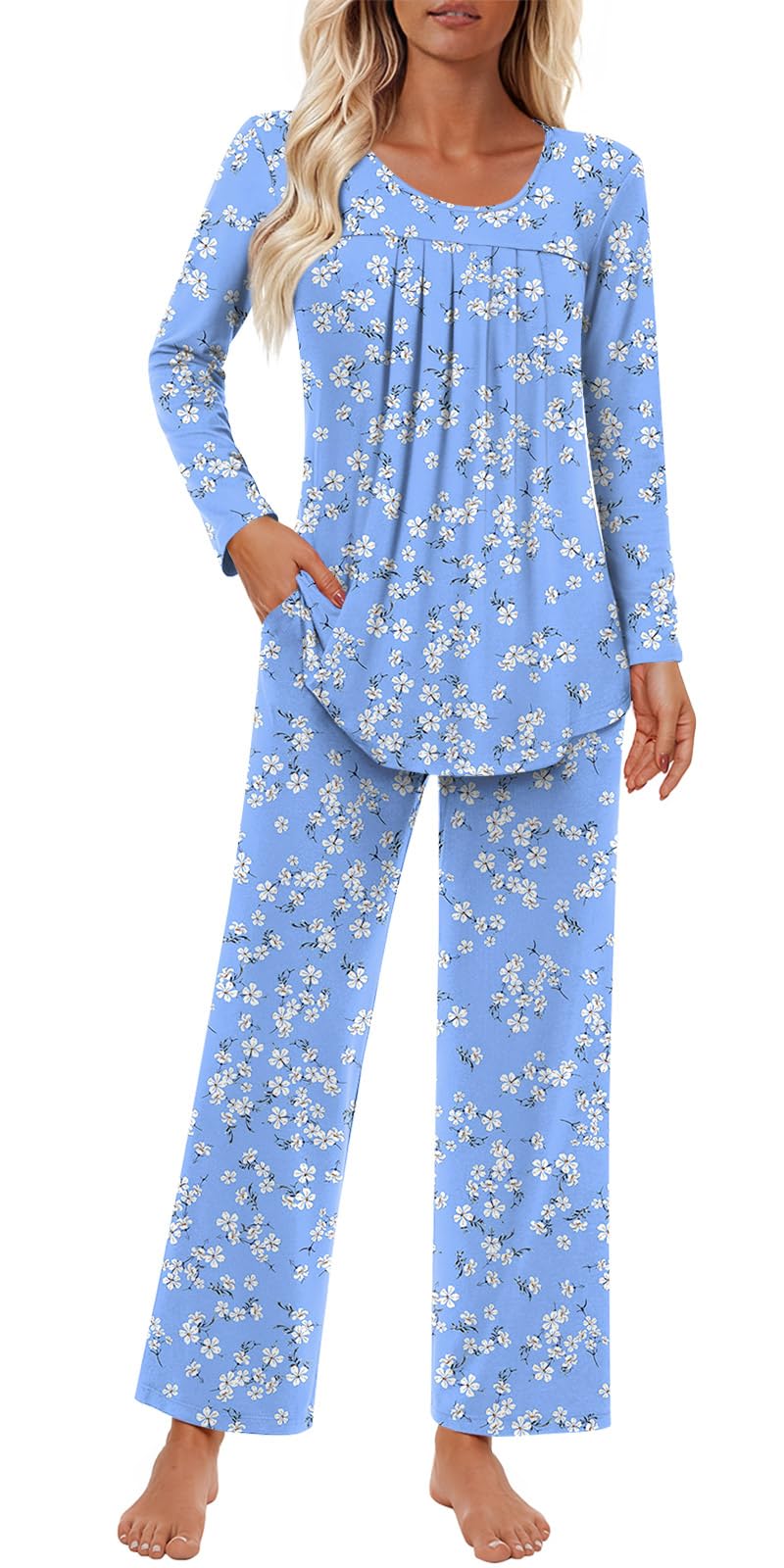 Findsweet Women's Pajama Set 2 Piece Lounge Outfits Soft Sleepwear Fall Long Sleeve Long Pant With Pockets Ladies Pjs S-3XL