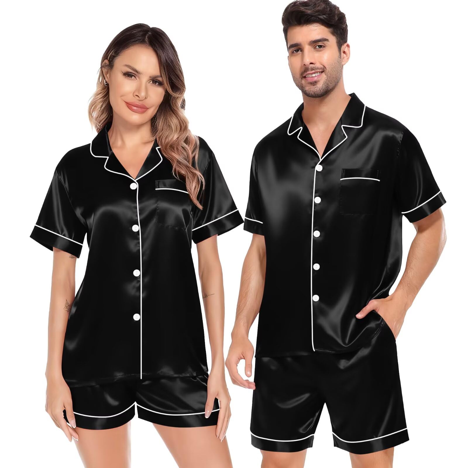 SWOMOG Satin Matching Pajamas Sets Couple Silk Button Down Nightwear Women & Men Short Sleeve Sleepwear 2 Pieces Loungewear