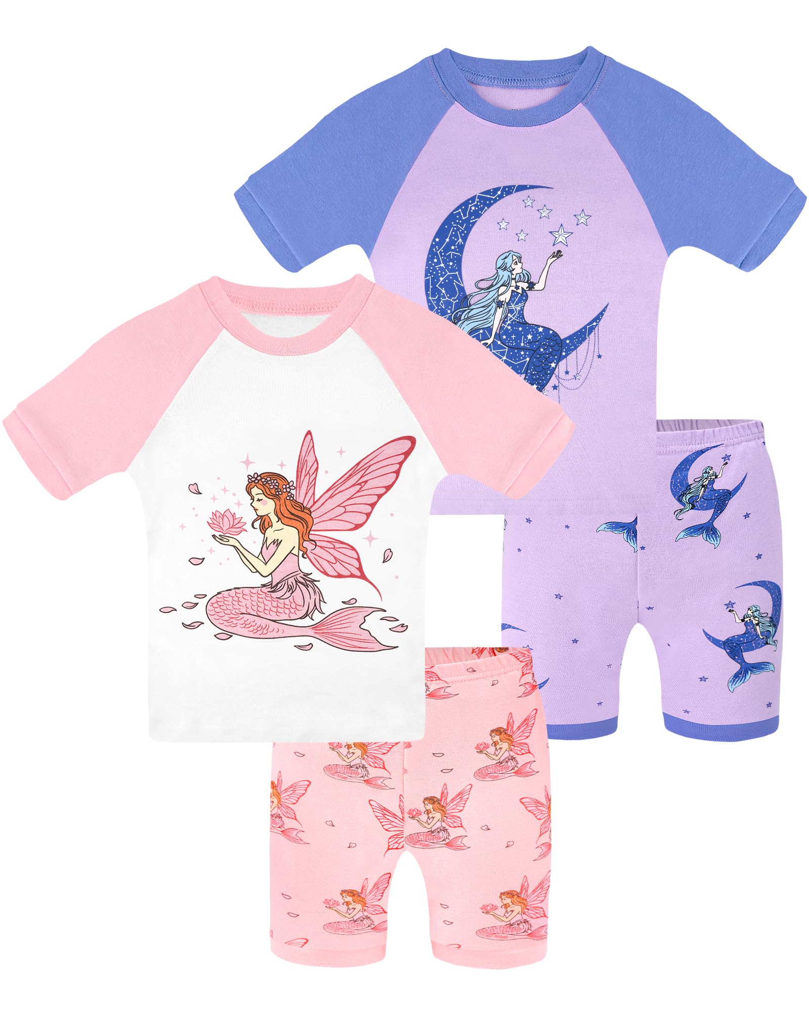 DAUGHTER QUEEN Girls Summer Pajamas Set 4 Pieces 100% Cotton Sleepwear Size 18 Months-12 Years