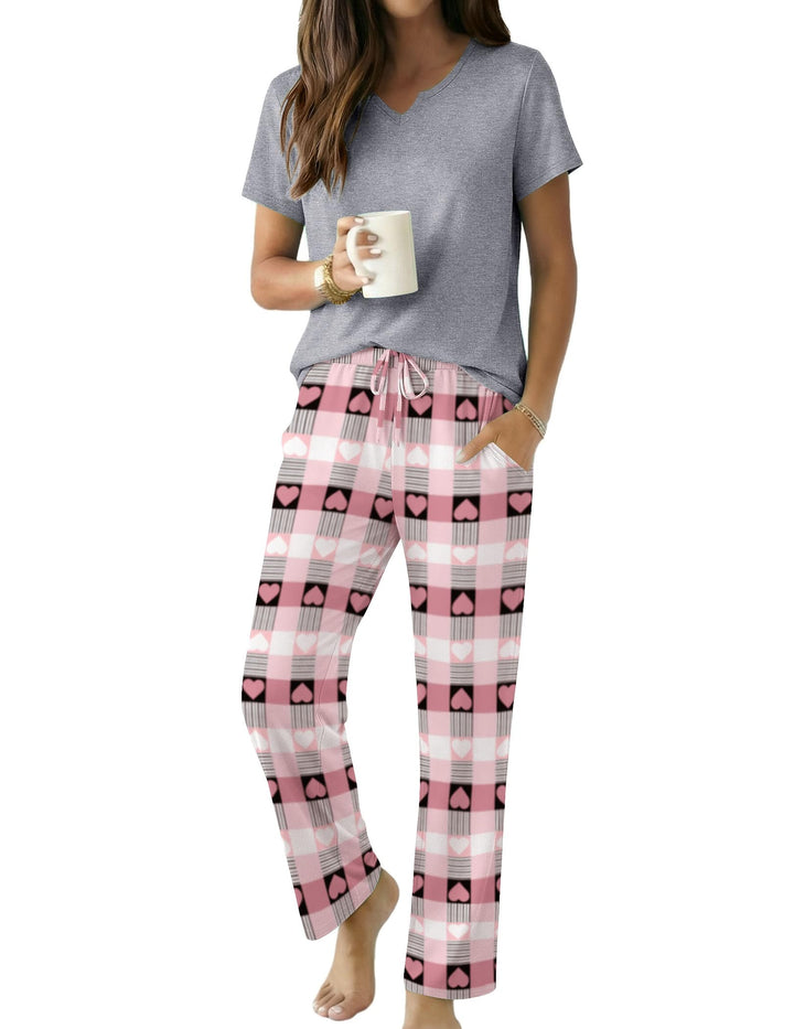 Ekouaer 2 Piece Womens Pajamas Short Sleeve Top and Long Pants Pjs Set Printed Sleepwear with Pocket WEBE CLOTHING