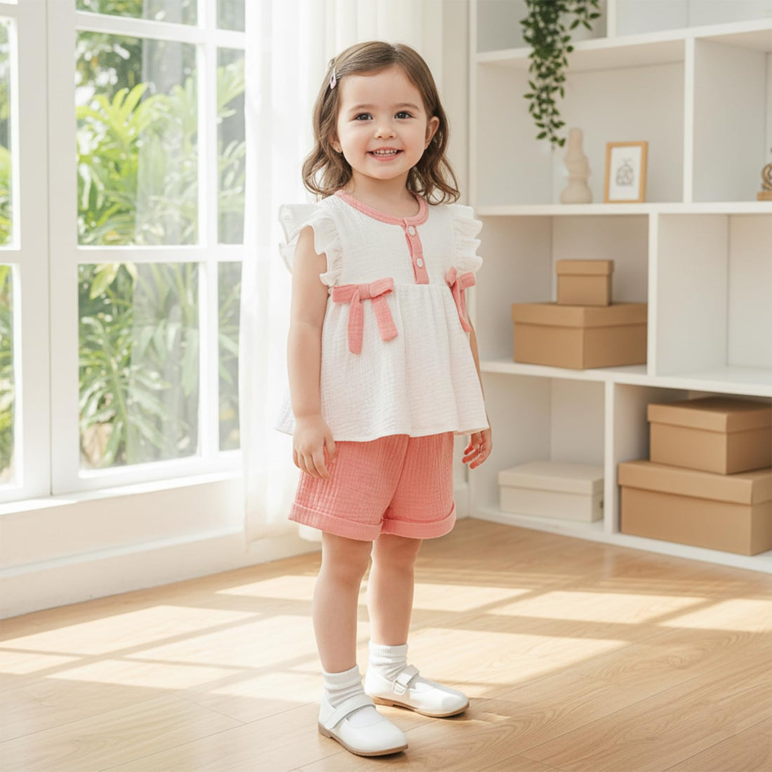 Amnnchya Toddler Girl Clothes Baby Summer Spring Outfits Cute Bow Button Smocked Ruffle Sleeve Tops ＋ Girls Shorts Set WEBE CLOTHING