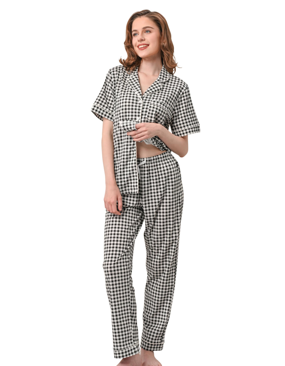 NAP BOUND 100% Cotton Pajamas for Women Sets 2 Pieces Pjs Button short sleeves with Pockets Soft Sleepwear Loungewear XS-XXL