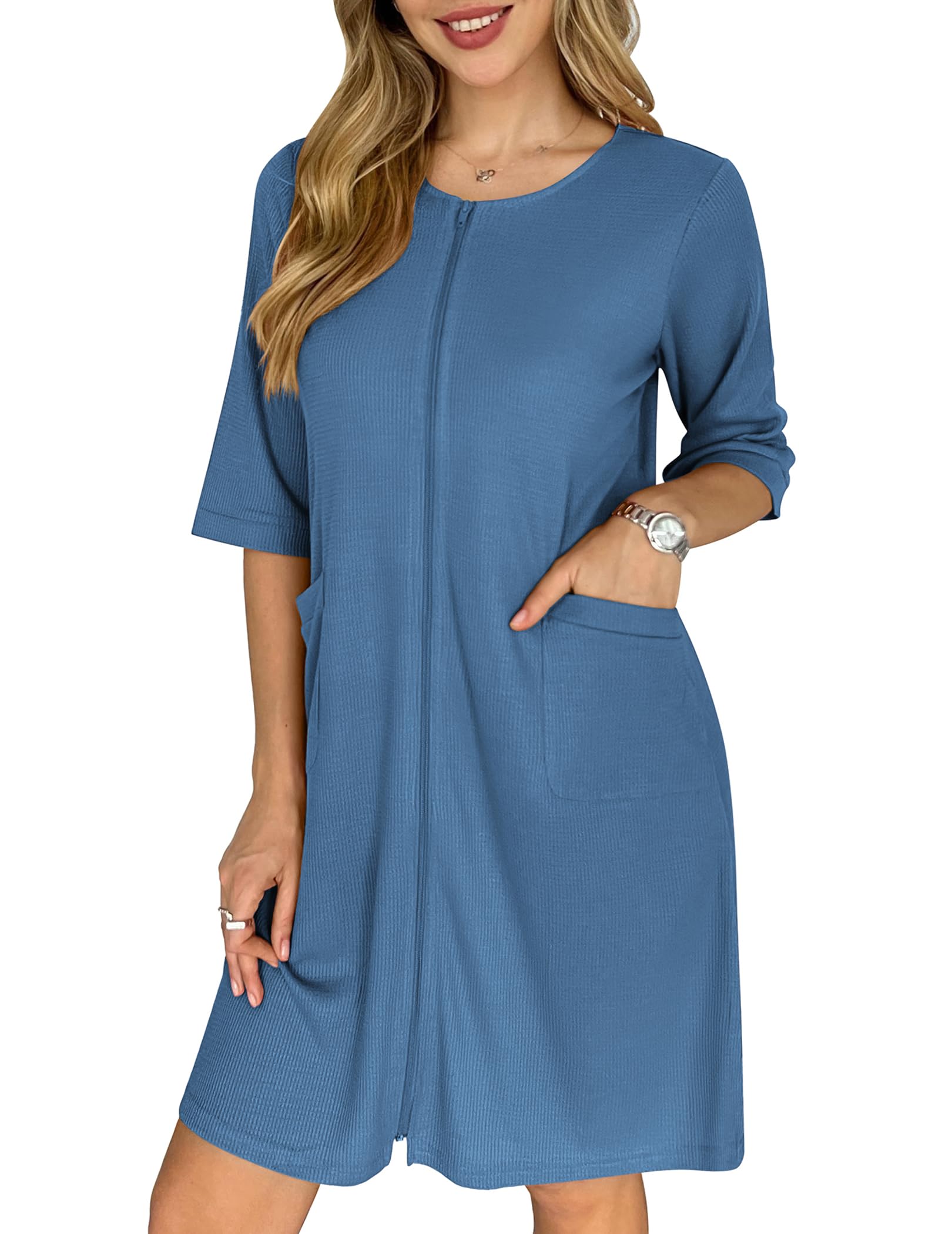 Ekouaer Zip Up Robes for Women Short Waffle Bathrobe Lightweight house coat 3/4 Sleeve Soft Nightgown with Pockets S-3XL WEBE CLOTHING