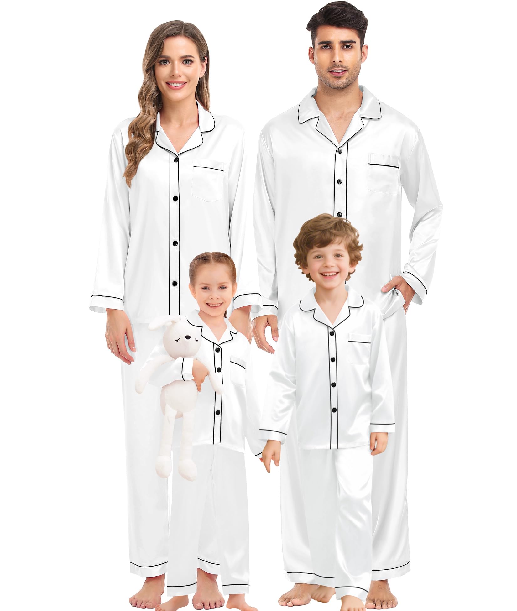 SWOMOG Family Matching Pajama Set Women/Men/Kids Satin Pajamas Long Sleeve Sleepwear Button Down Loungewear 2 Pcs Pj Set