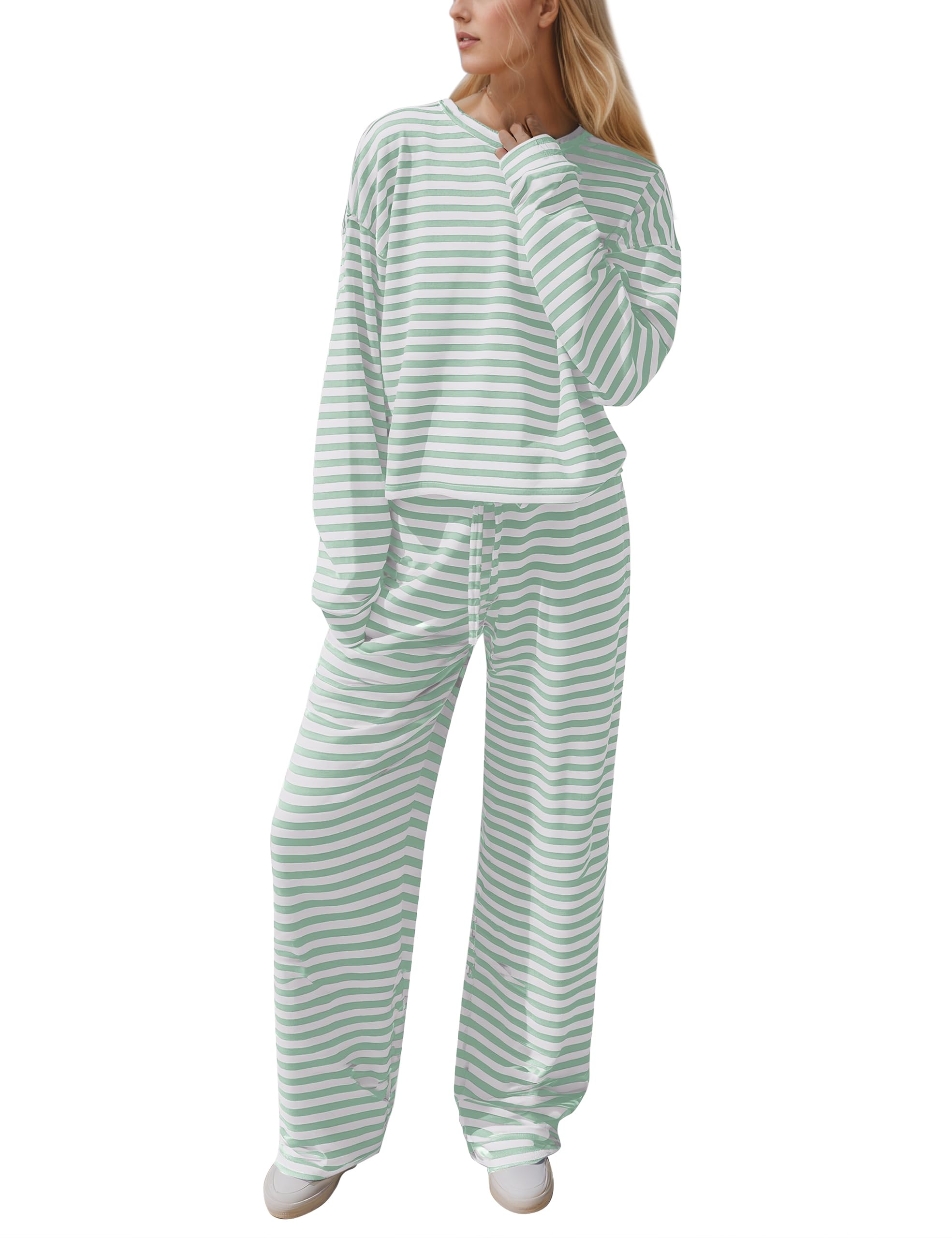 MISSACTIVER Women's Striped 2 Piece Lounge Set Casual Long Sleeve T-Shirt Drawstring Wide Leg Pants Matching Pajamas Set