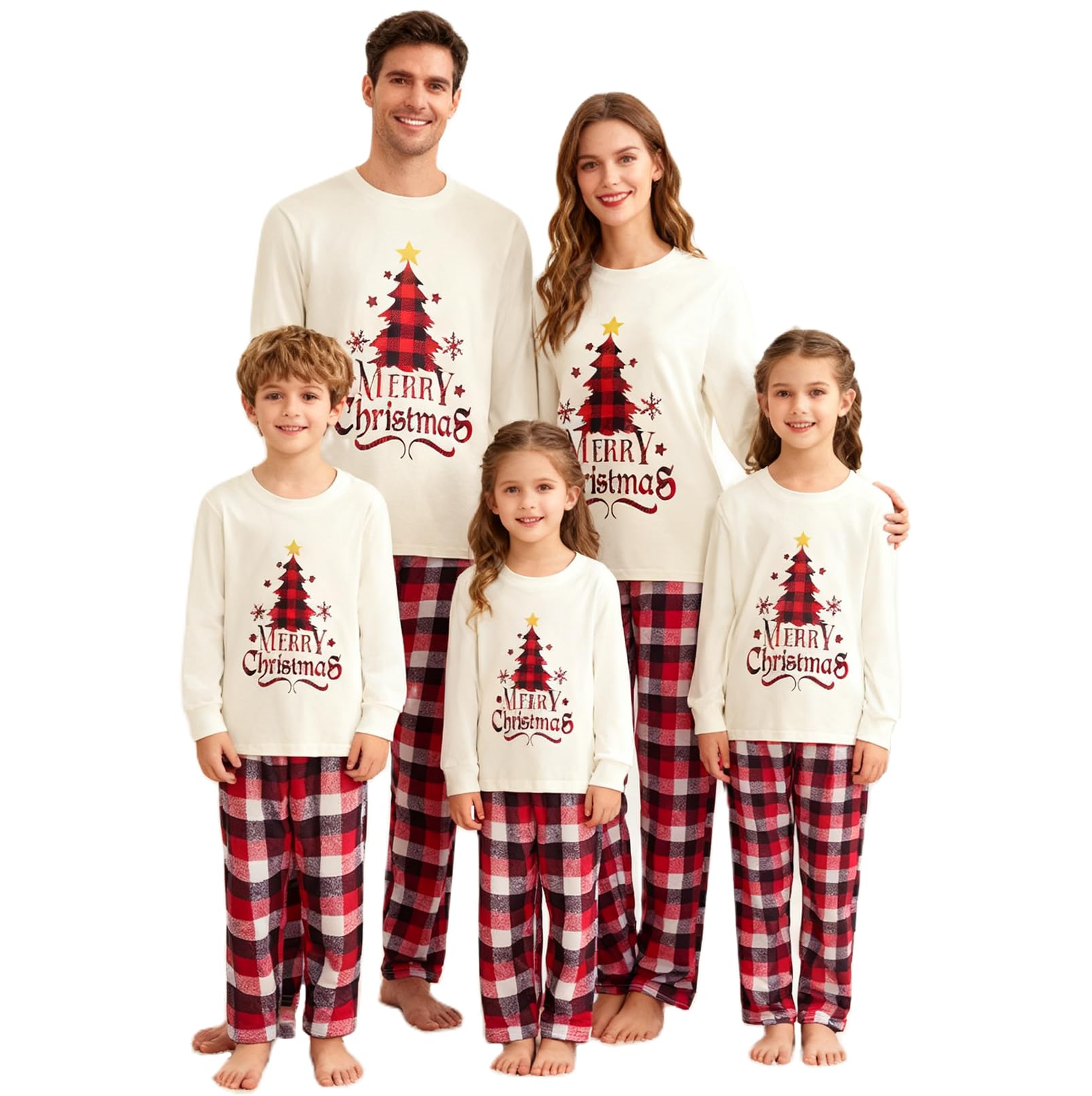 Awoscut Christmas Family Matching Pajamas Sets Christmas PJ's Letter Print Top and Plaid Pants Jammies Sleepwear