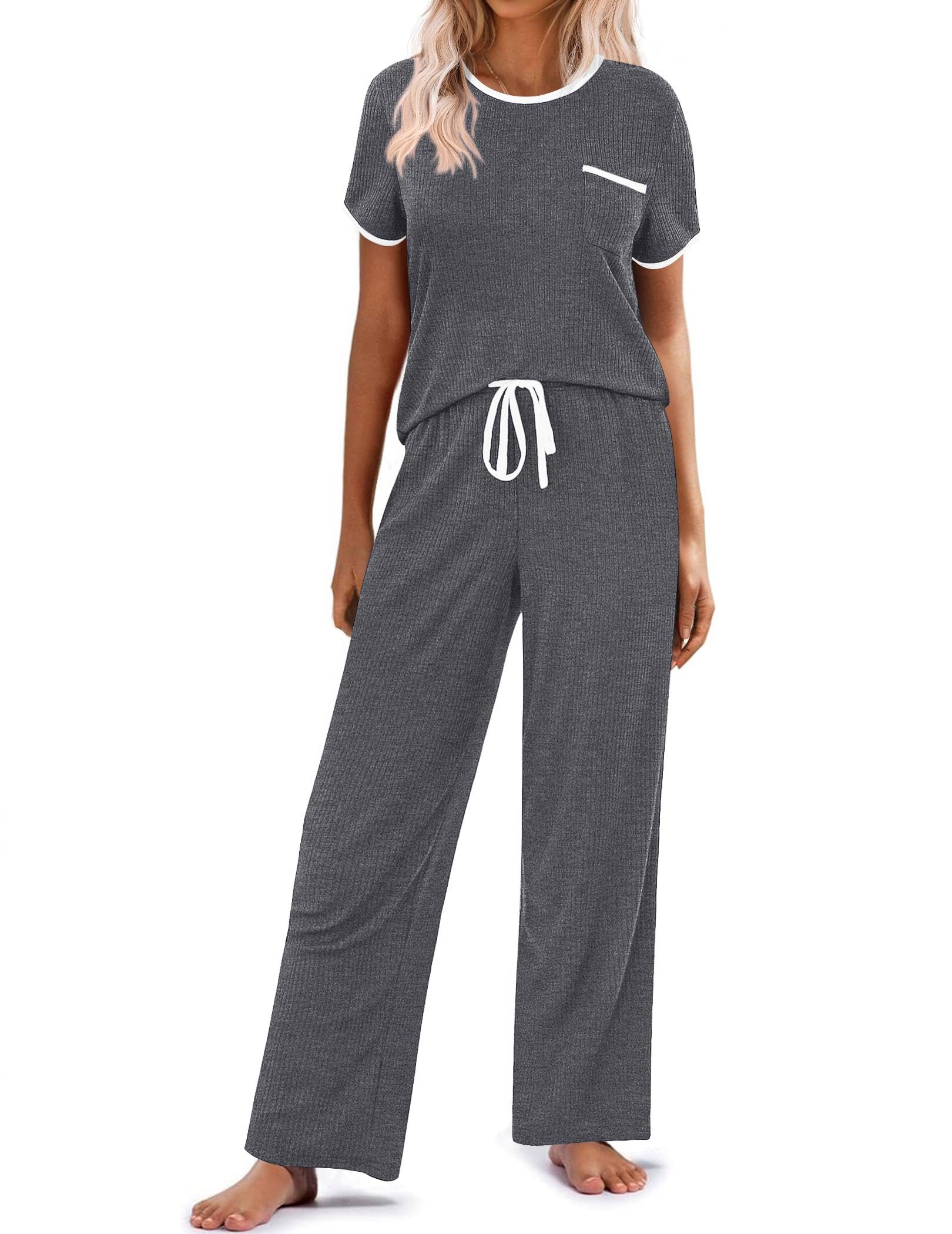 Ekouaer Women Lounge Pajamas Sets Ribbed Knit PJ Short Sleeve and Long Pajama Pant Soft 2 Piece Sleepwear Loungwear Set