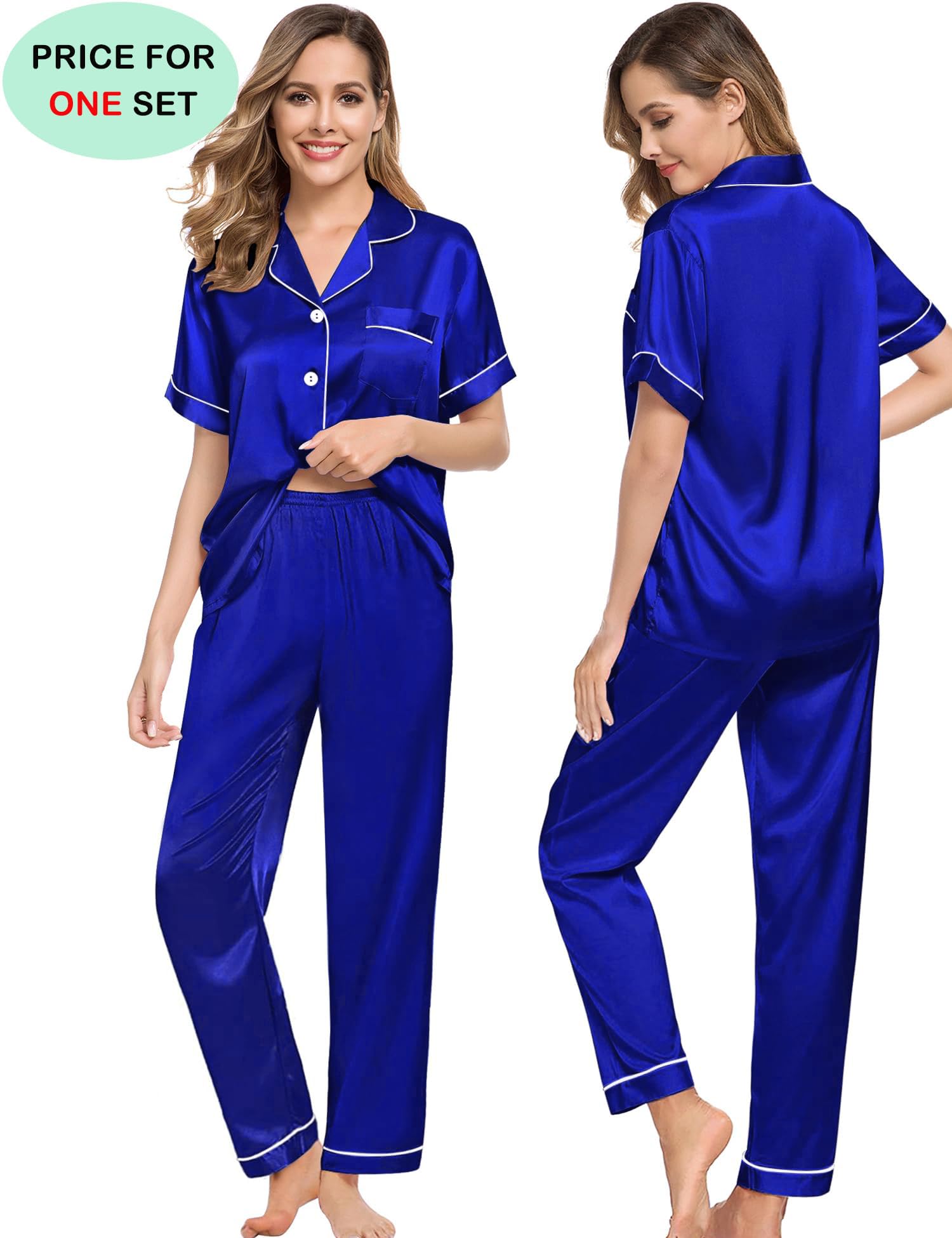 SWOMOG Couples Pajamas Sets Women & Men Satin Short Sleeve Sleepwear Button Down Loungewear Pjs Set with Long Pants