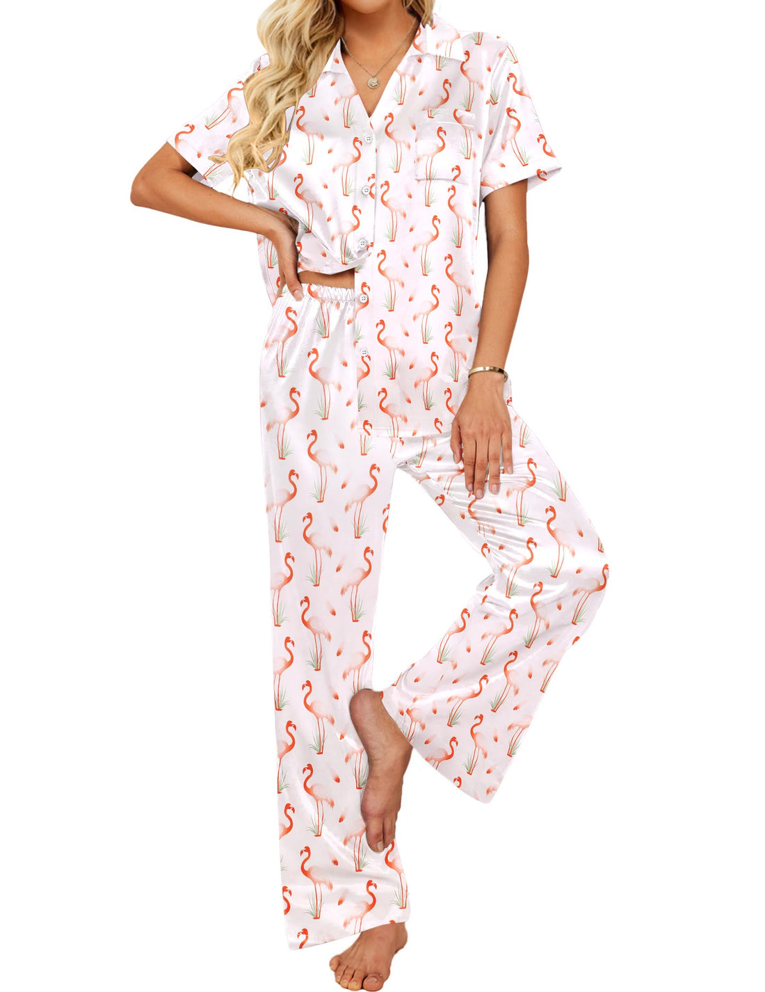 Ekouaer Silk Pajamas for Womens Set 2 Piece Satin Pjs Soft Button Down Sleepwear Wide Leg Long Pants with Pockets