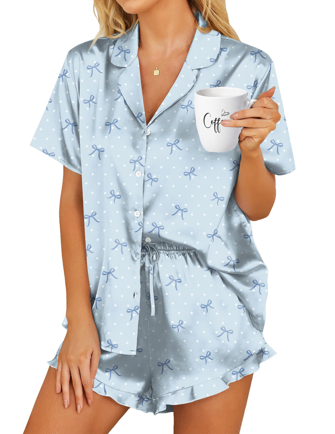 HOTOUCH Womens Satin Pajamas Set Button Down 2 Piece Silk Pjs Shorts Set Ruffle Lingerie Notch Collar Sleepwear