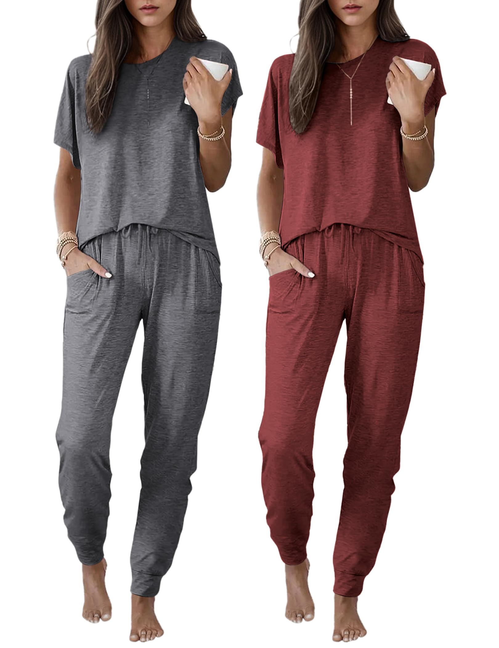 Ekouaer 2 pack Pajama Sets for Womens Jogger Pants Pjs Short Sleeves Lounge Set Soft Sleepwear with Pockets