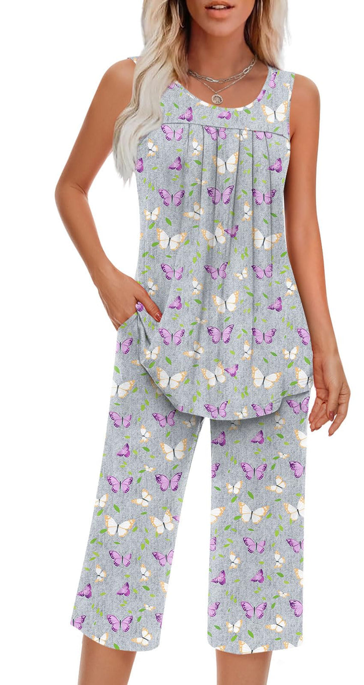 Findsweet Women Pajamas Sets Loungewear Soft Sleepwear Two Piece Summer Sleeveless Pjs Tank Top Pants with Pocket S-4XL
