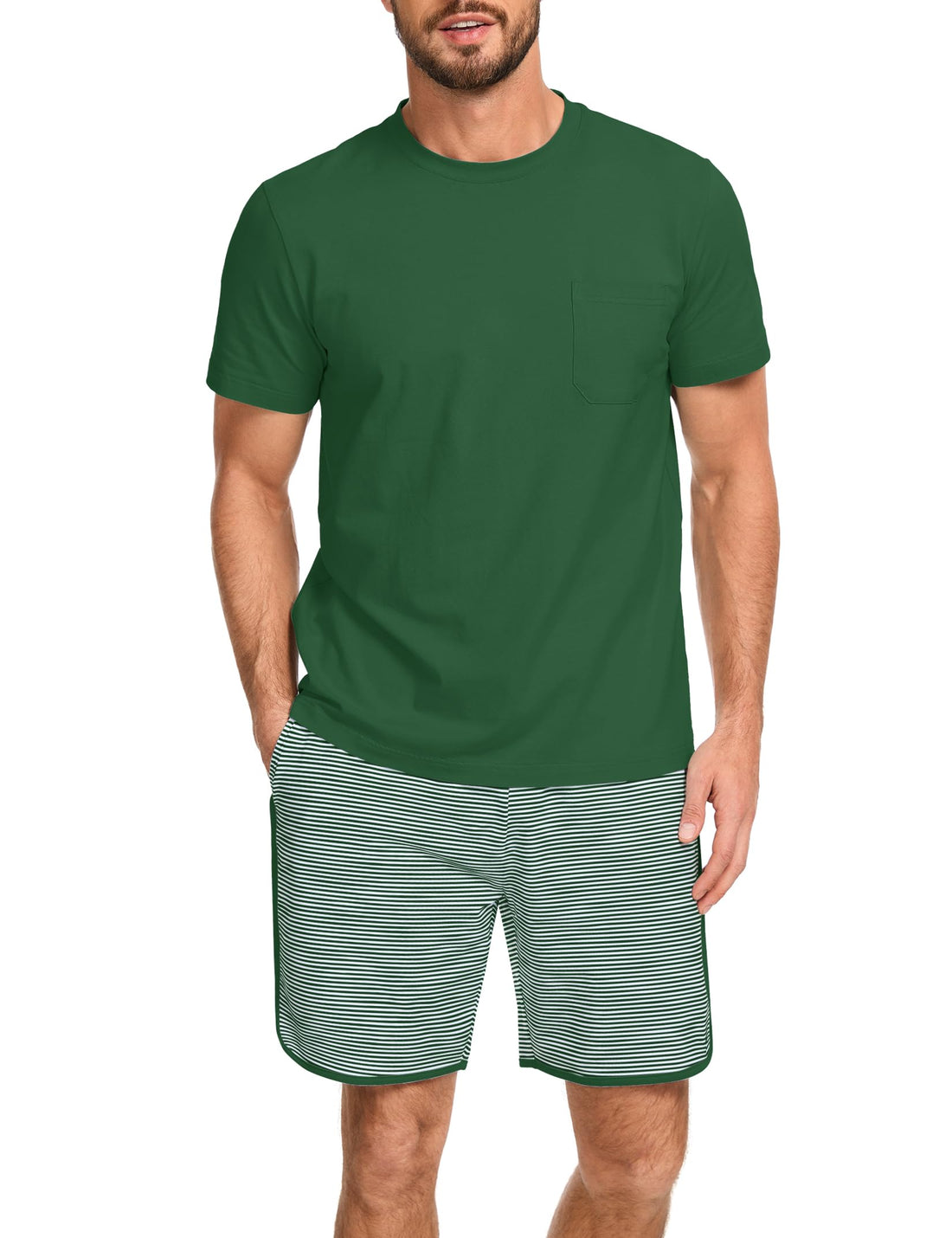 Mens Cotton Pajamas Set Stripe 2 Piece Lounge Set Pjs Summer Short Sleeve and Shorts Comfy Loungewear with Pockets WEBE CLOTHING
