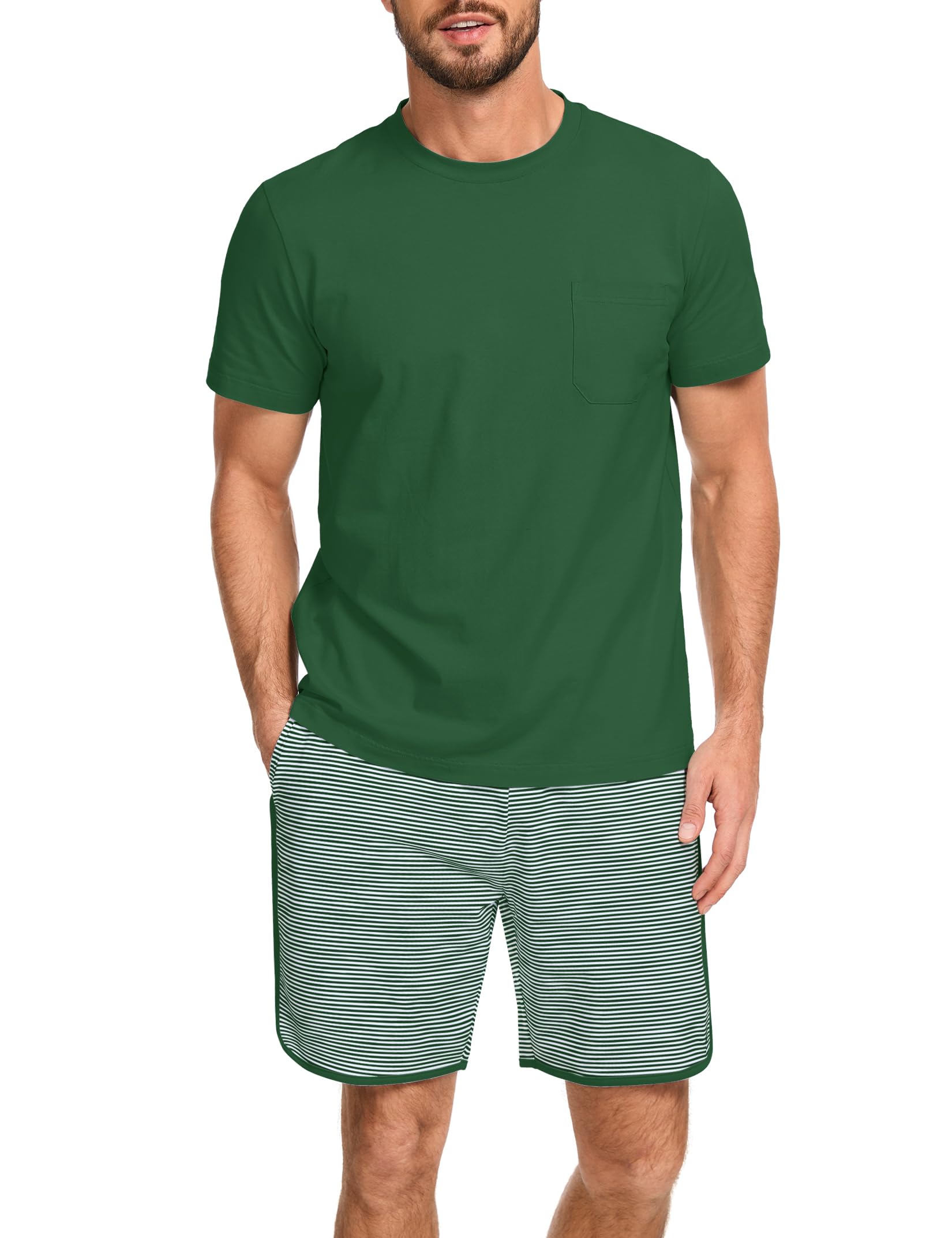 Mens Cotton Pajamas Set Stripe 2 Piece Lounge Set Pjs Summer Short Sleeve and Shorts Comfy Loungewear with Pockets WEBE CLOTHING