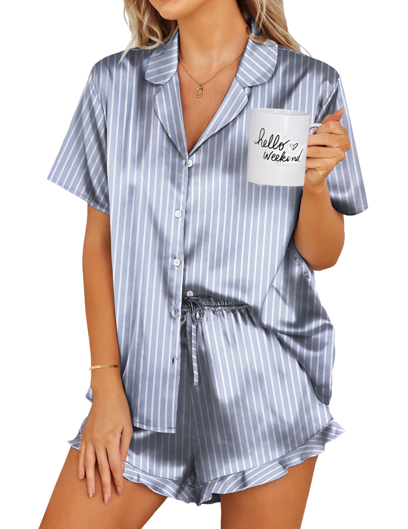 Ekouaer Womens Satin Pajamas Set Button Down 2 Piece Silk Pjs Shorts Set Ruffle Lingerie Notch Collar Sleepwear