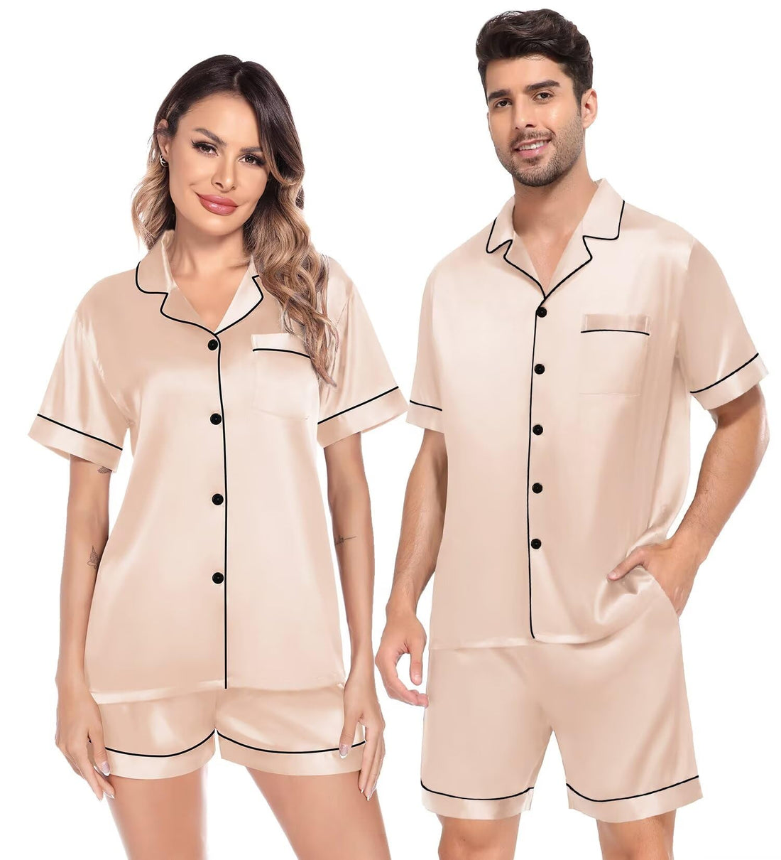 SWOMOG Satin Matching Pajamas Sets Couple Silk Button Down Nightwear Women & Men Short Sleeve Sleepwear 2 Pieces Loungewear