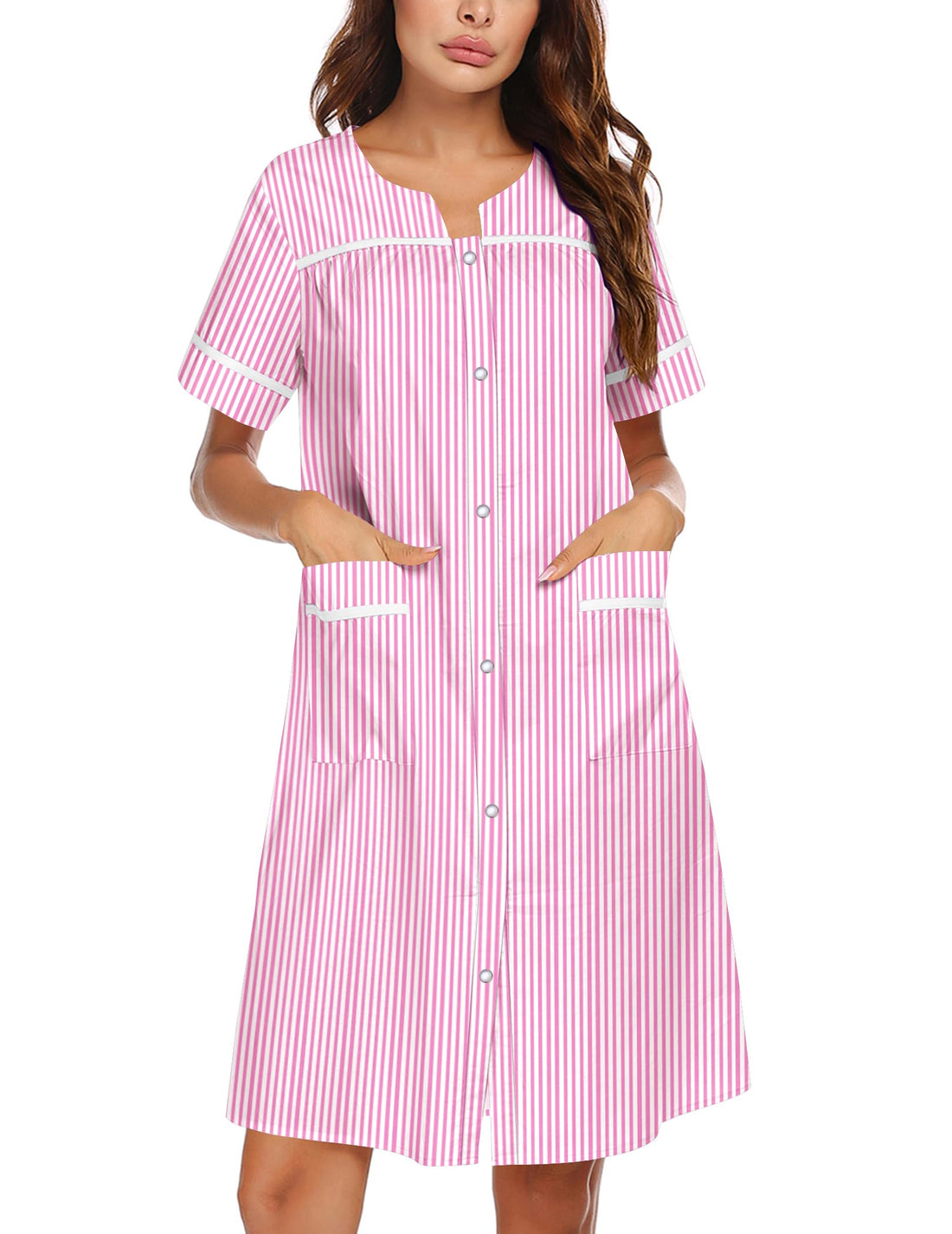 Ekouaer Nightgowns for Women House Dress with Pockets Snap Front House Coat | Duster Mumu Dress, Short Sleeve Moo Moos, Plus Size Sleepwear, Casual Lounge Dress, Labor Delivery Gown, Daily Wear, Home