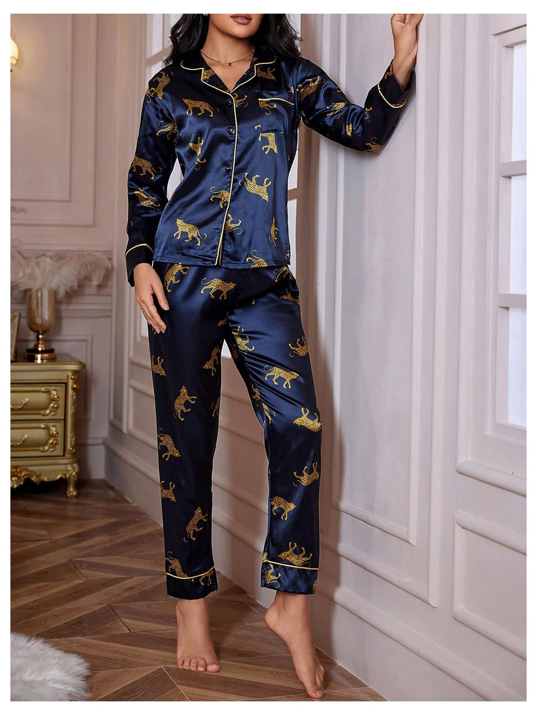 WDIRARA Women's 2 Piece Leopard Print Satin Pajama Set Lounge Sleepwear Set | Animal Print,Leopard Print Satin,Long Sleeve,Button Down,Cheetah Silk Loungewear Pj WEBE CLOTHING
