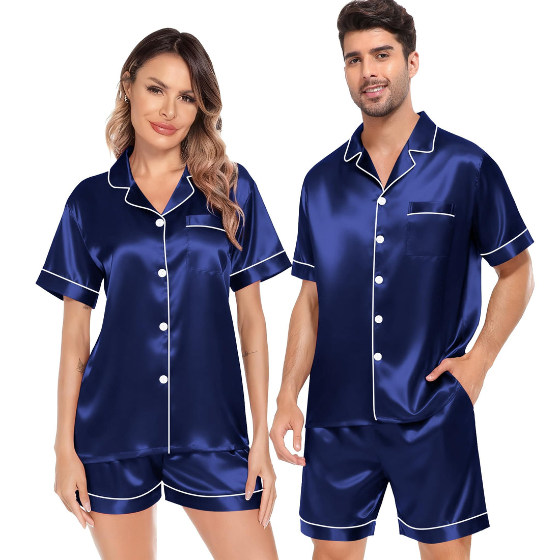 SWOMOG Satin Matching Pajamas Sets Couple Silk Button Down Nightwear Women & Men Short Sleeve Sleepwear 2 Pieces Loungewear