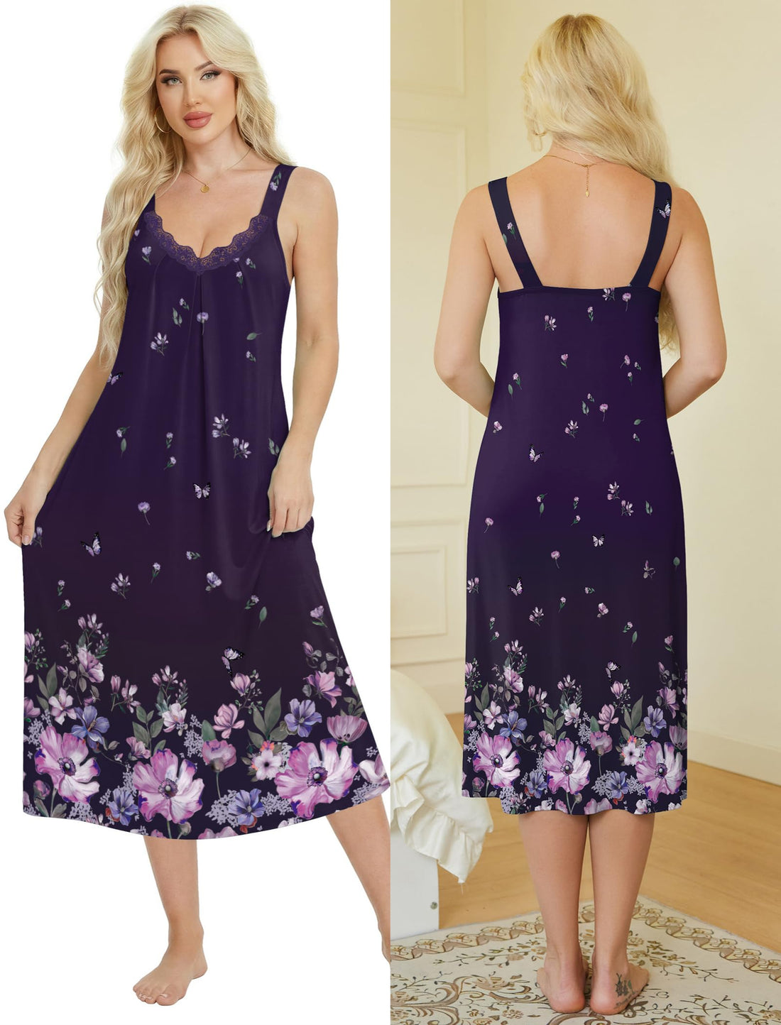 Ekouaer Sleeveless Nightgowns for Women Lace V-neck Long Nightdress Wide Strap Sleepwear Soft Lounge Dresses WEBE CLOTHING