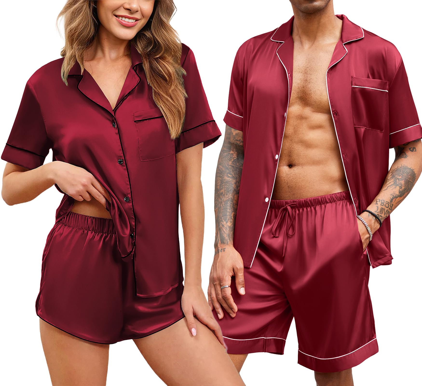 Ekouaer Silk Satin Matching Pajamas Sets Couple Button Down Nightwear Women & Men Short Sleeve Sleepwear 2 Pieces Loungewear
