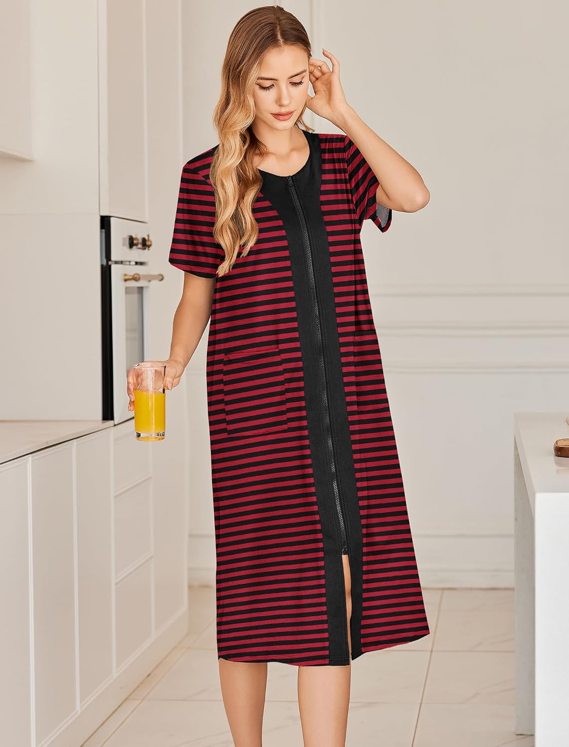 Ekouaer Robes For Women Zipper Bathrobe Short Sleeve Duster With Pockets | Zipper Front House Coat, Lightweight Sleepwear, Plus Size Loungewear, Ladies Nightgown for Mother, Postoperative Gown, Sleep WEBE CLOTHING