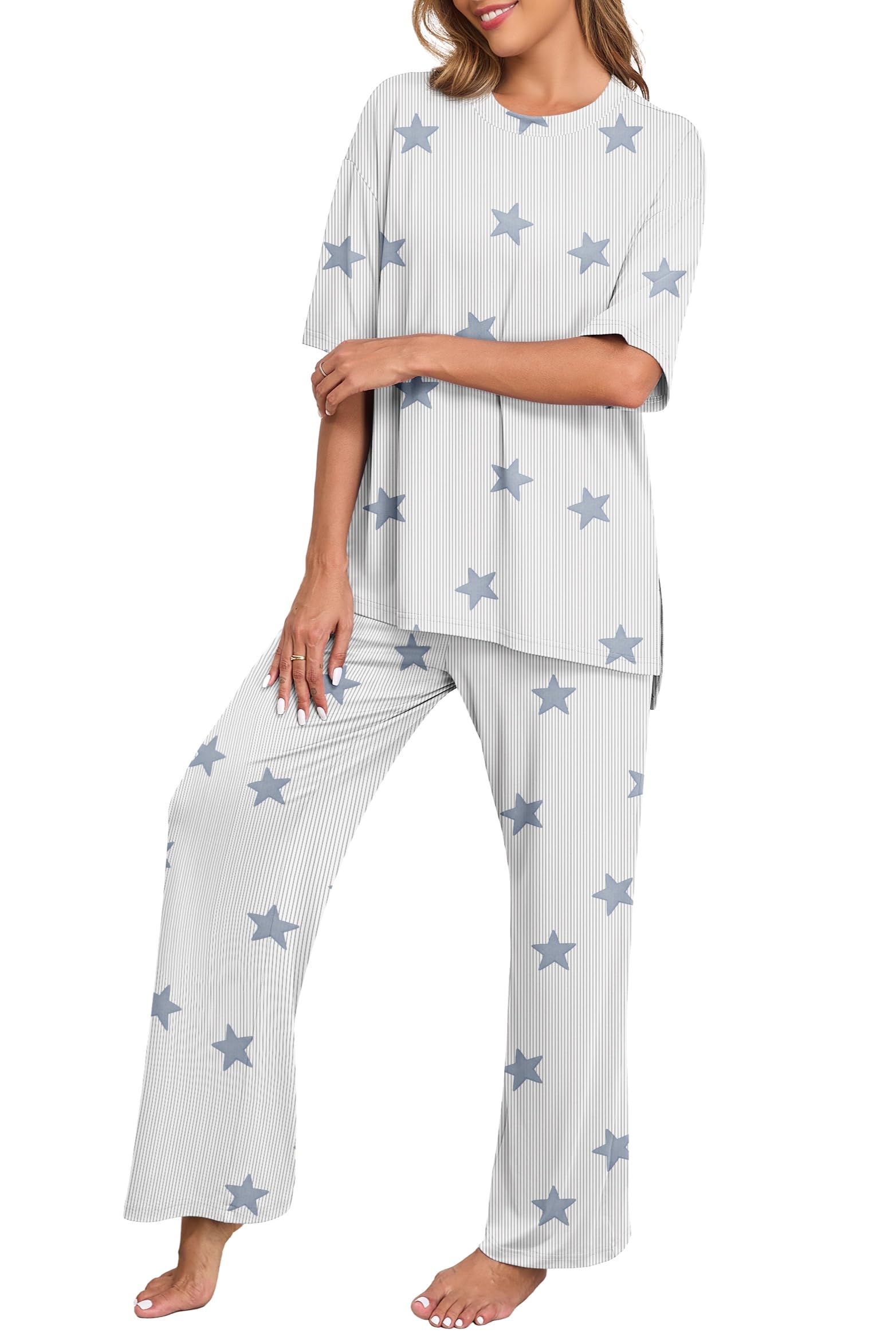 PrinStory Womens Pajamas Sets 2 Piece Lounge Set Short Sleeve Tops and Long Pants Soft Pjs Loungewear with Pockets