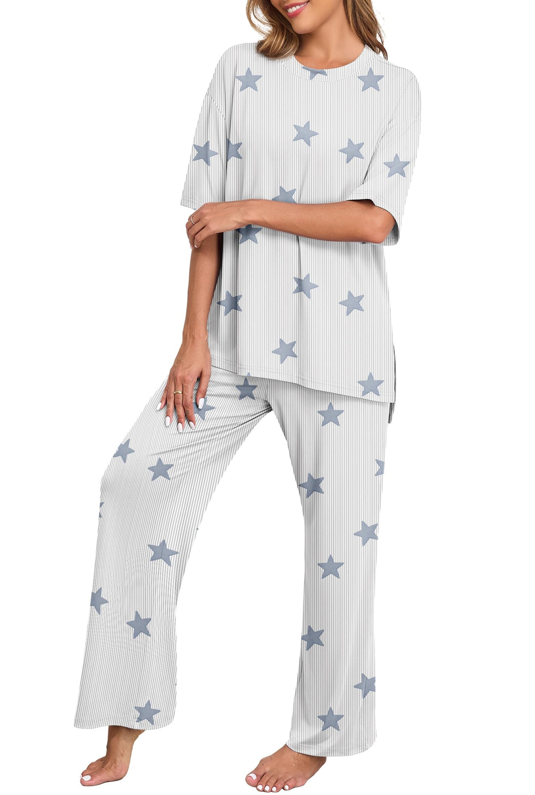 PrinStory Womens Pajamas Sets 2 Piece Lounge Set Short Sleeve Tops and Long Pants Soft Pjs Loungewear with Pockets