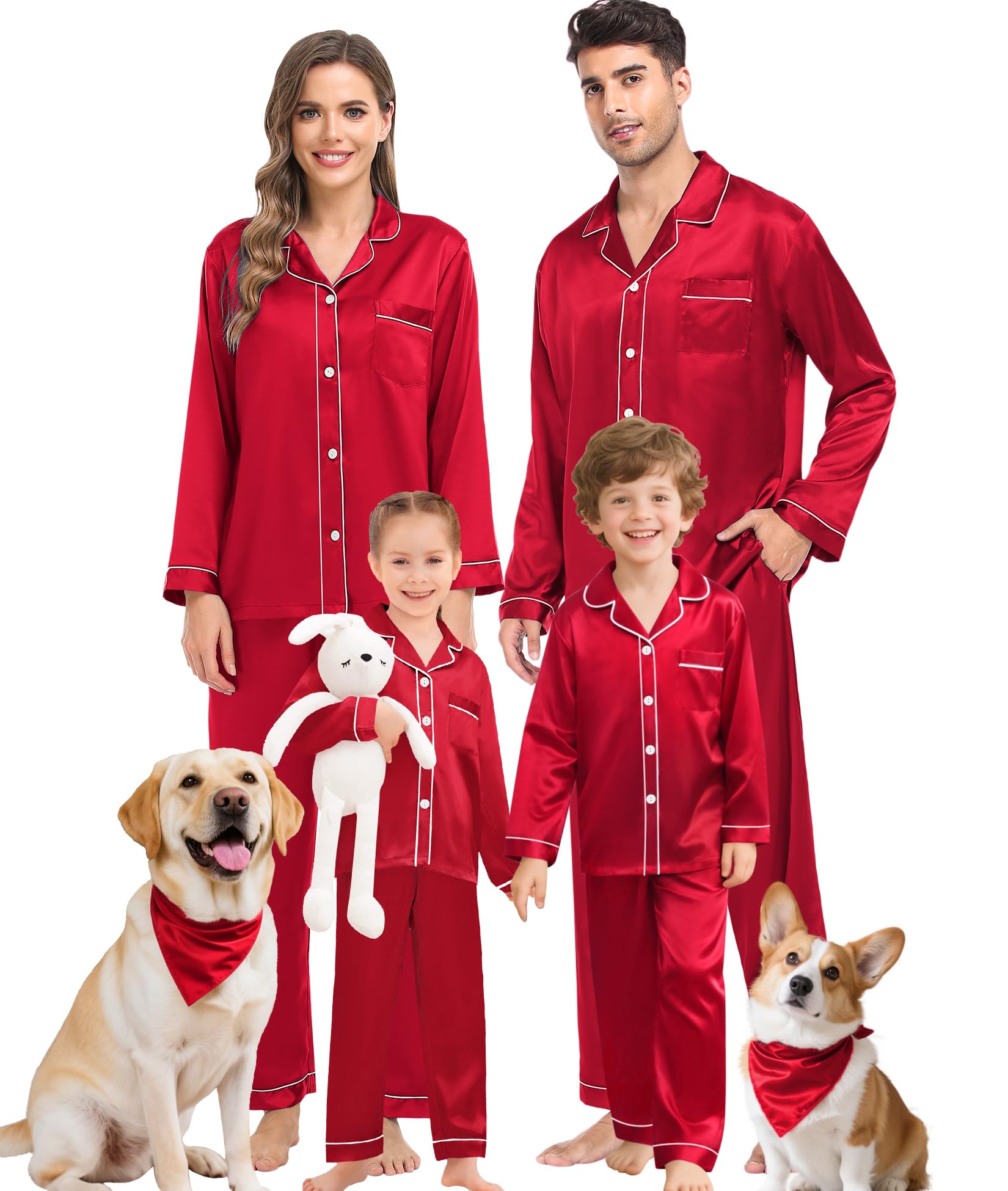 SWOMOG Family Matching Pajama Set Women/Men/Kids Satin Pajamas Long Sleeve Sleepwear Button Down Loungewear 2 Pcs Pj Set