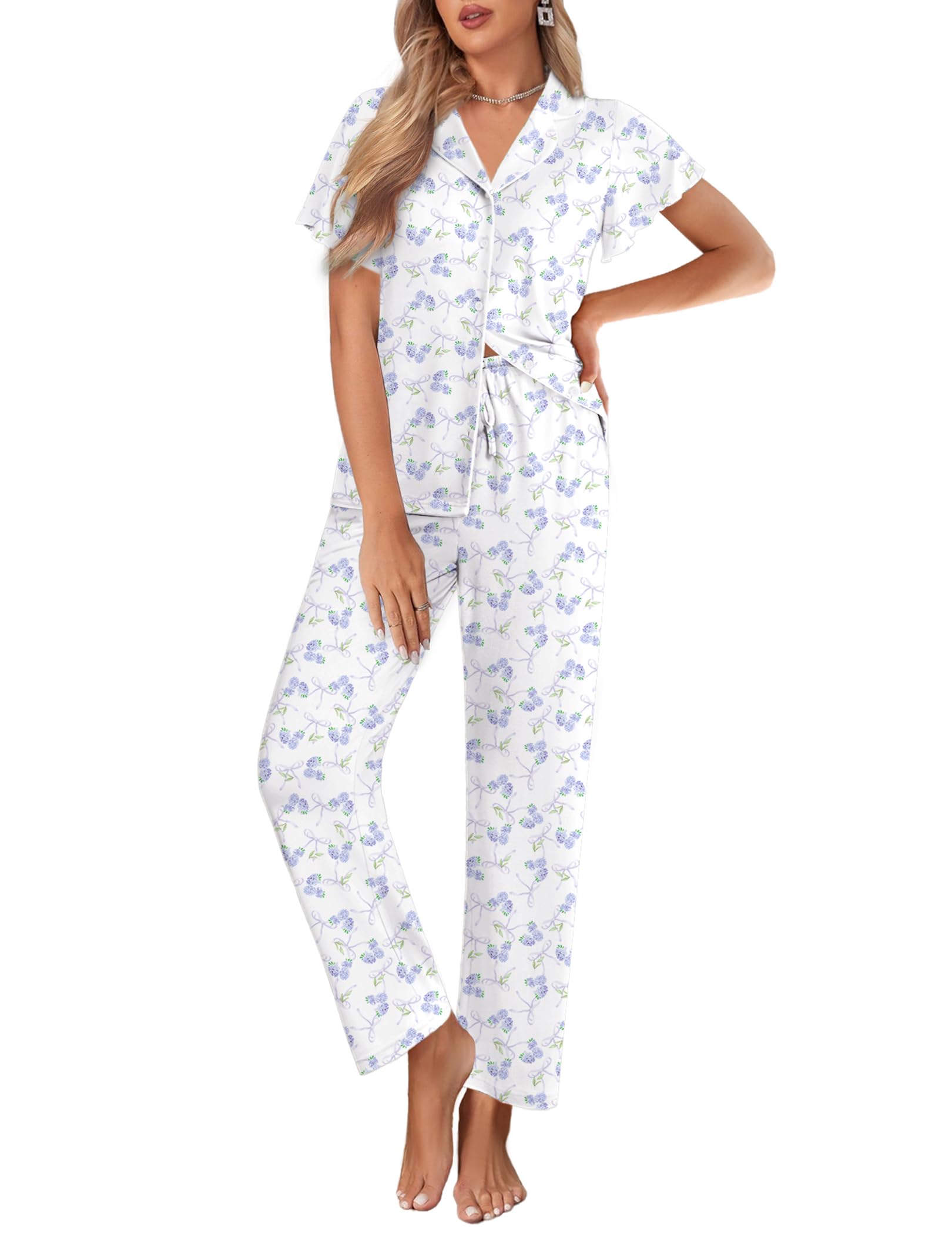 Ekouaer Pajamas for Women Set Button Up Sleepwear Cute Pjs Ruffle Sleeve Notch Collar Loungewear with Long Pants S-XXL