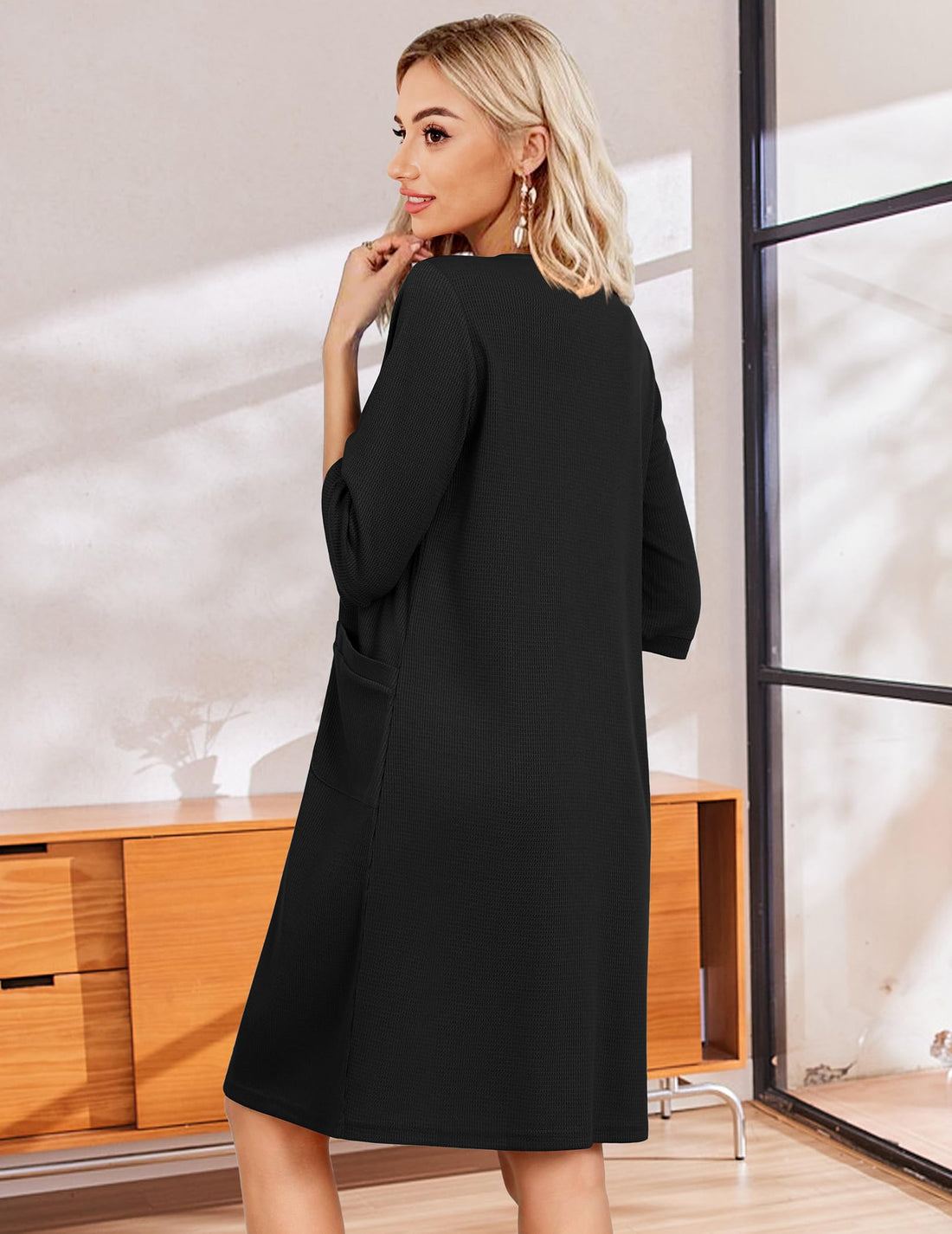 Ekouaer Zip Up Robes for Women Short Waffle Bathrobe Lightweight house coat 3/4 Sleeve Soft Nightgown with Pockets S-3XL WEBE CLOTHING
