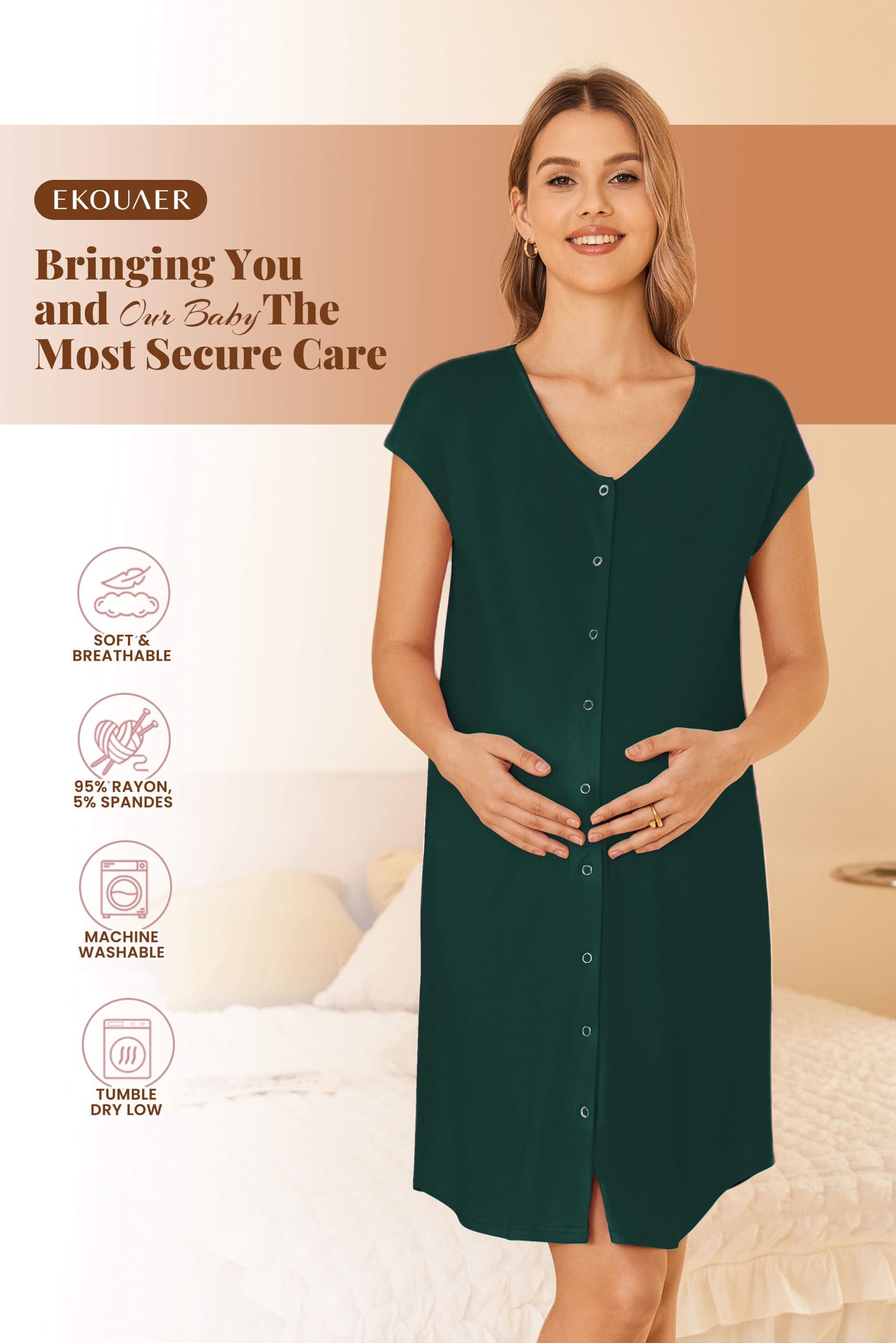 Ekouaer Labor and Delivery Gown for Hospital Birthing Gown Nursing Dress | Open Back Birthing Gown, Maternity Nursing Pajamas Dress Breastfeeding, Button C Section Postpartum Clothes
