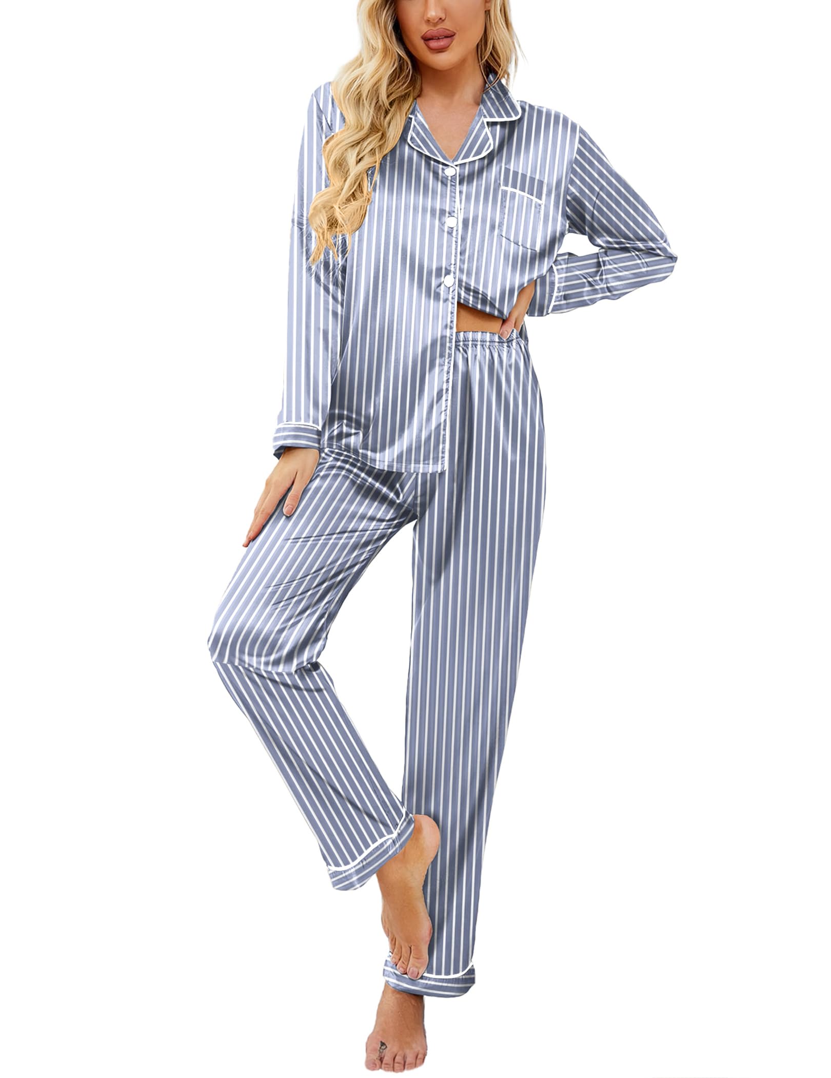 Ekouaer Womens Satin Silky Pajama Set Classic Pattern Button Down Pjs Set | Soft Fabric, Long Sleeve Notch Collar with Contrast Piping, Chest Pocket, Gifting Sleepwear WEBE CLOTHING