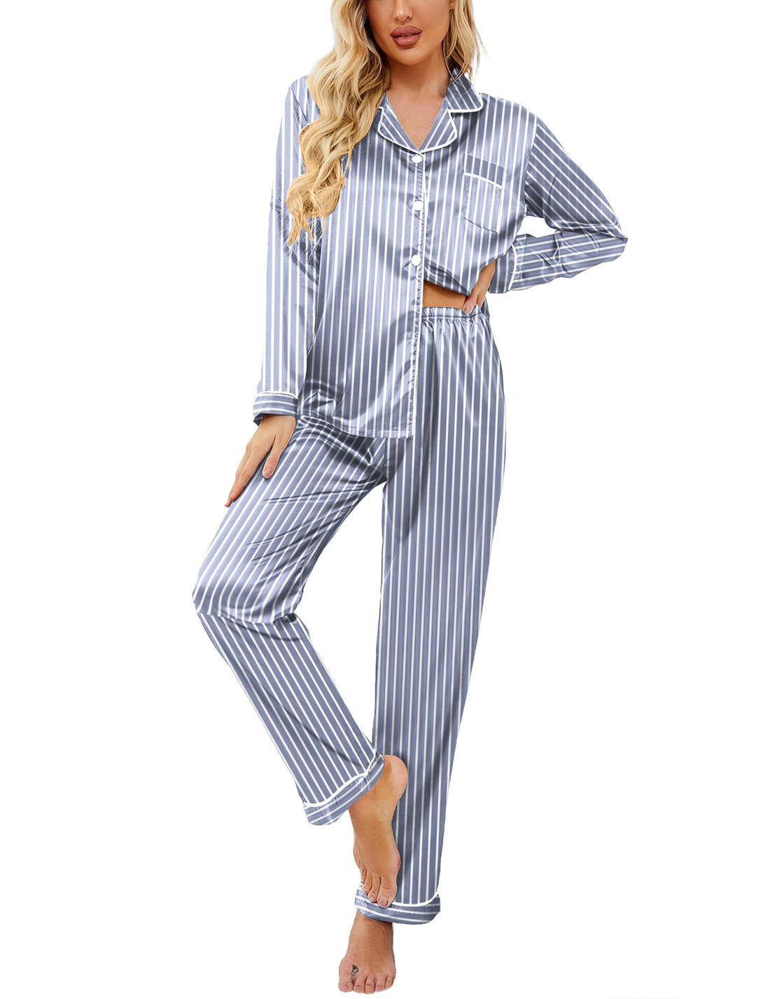 Ekouaer Womens Satin Silky Pajama Set Classic Pattern Button Down Pjs Set | Soft Fabric, Long Sleeve Notch Collar with Contrast Piping, Chest Pocket, Gifting Sleepwear WEBE CLOTHING