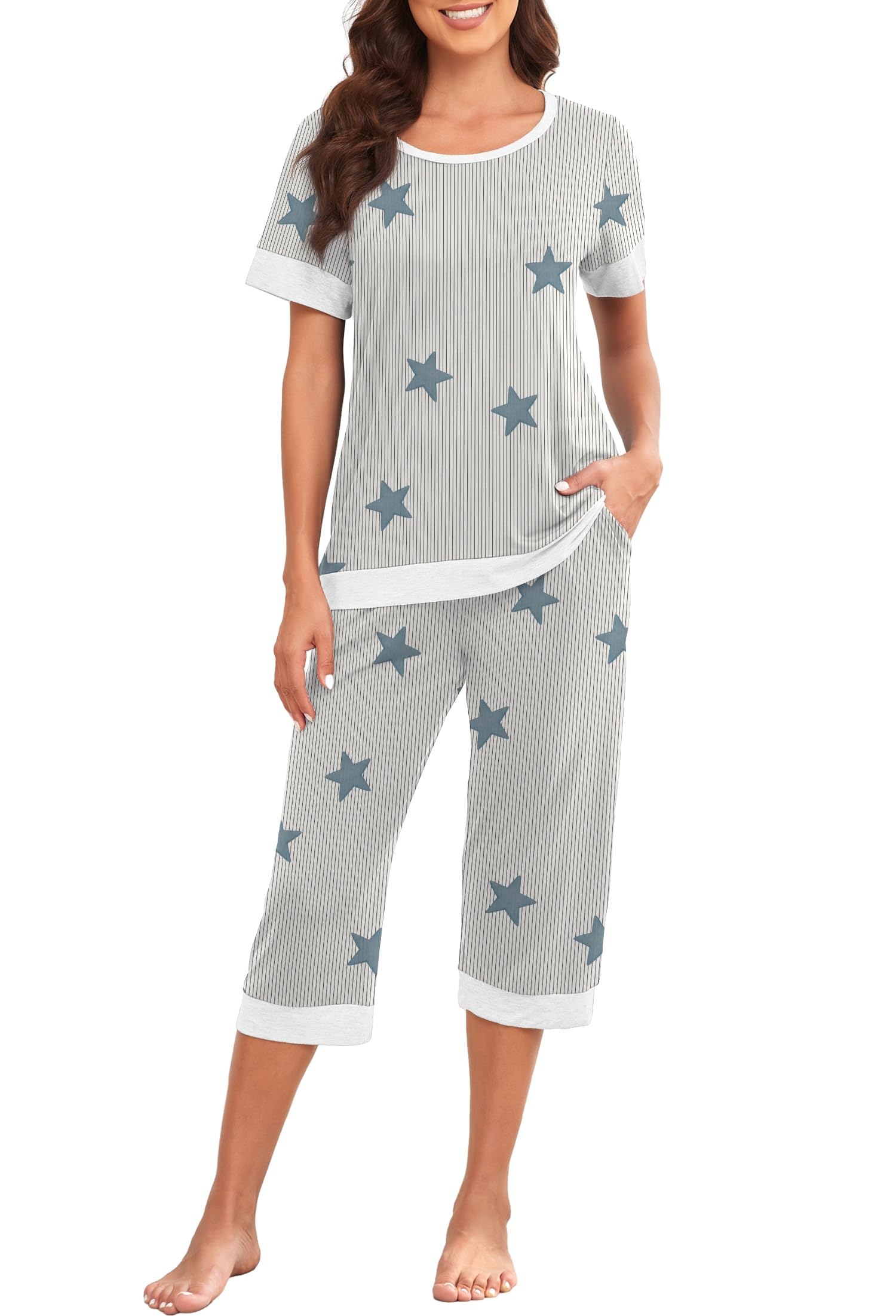 PrinStory Women's Pajama Set Short Sleeve Shirt and Capri Pants Sleepwear Pjs Sets Lounge Set WEBE CLOTHING