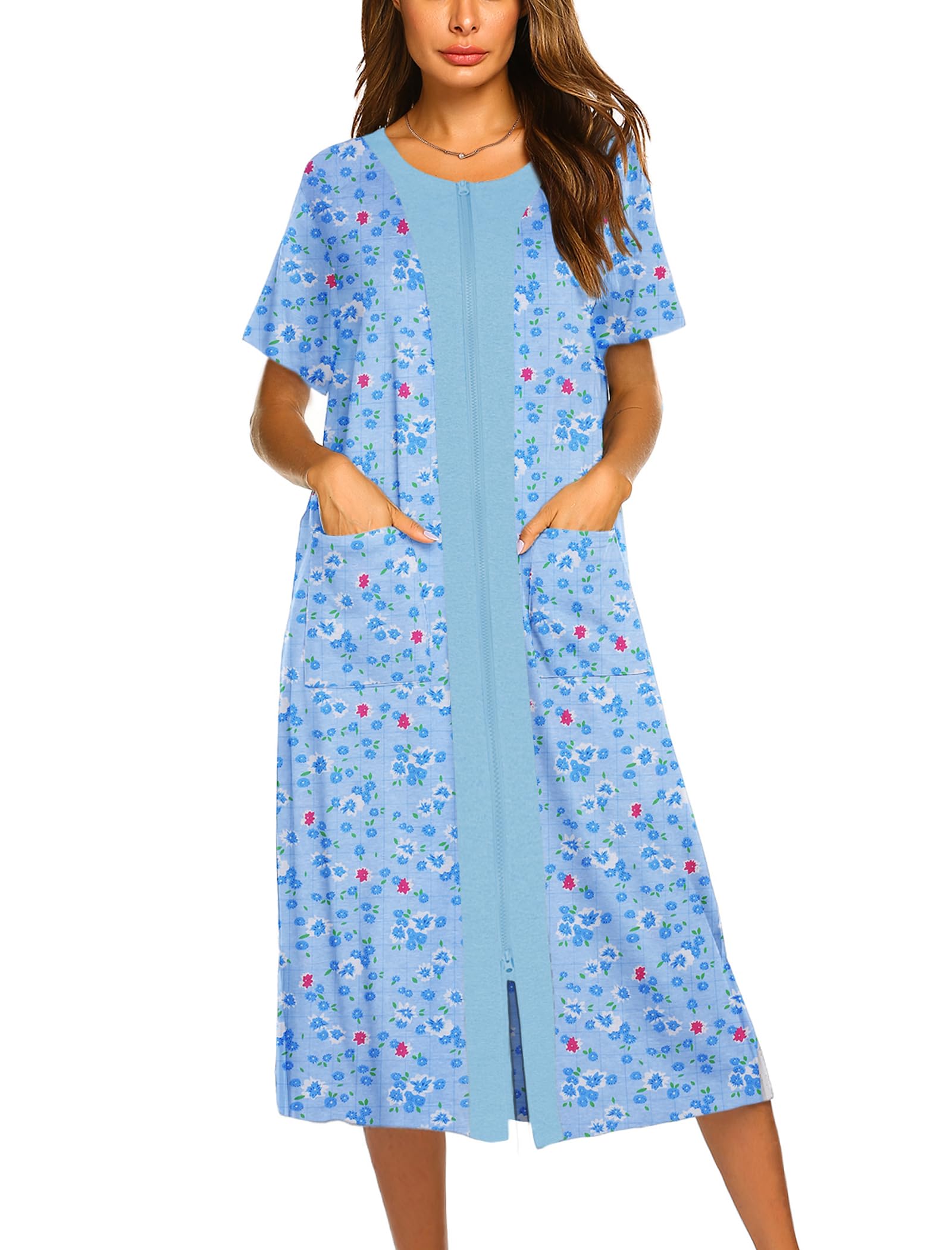 Ekouaer Robes For Women Zipper Bathrobe Short Sleeve Duster With Pockets | Zipper Front House Coat, Lightweight Sleepwear, Plus Size Loungewear, Ladies Nightgown for Mother, Postoperative Gown, Sleep