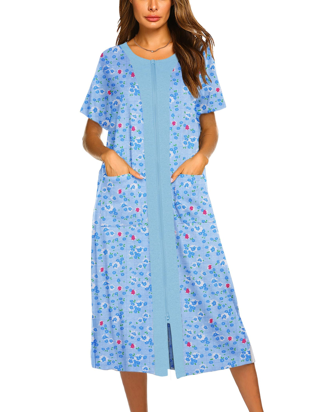 Ekouaer Robes For Women Zipper Bathrobe Short Sleeve Duster With Pockets | Zipper Front House Coat, Lightweight Sleepwear, Plus Size Loungewear, Ladies Nightgown for Mother, Postoperative Gown, Sleep