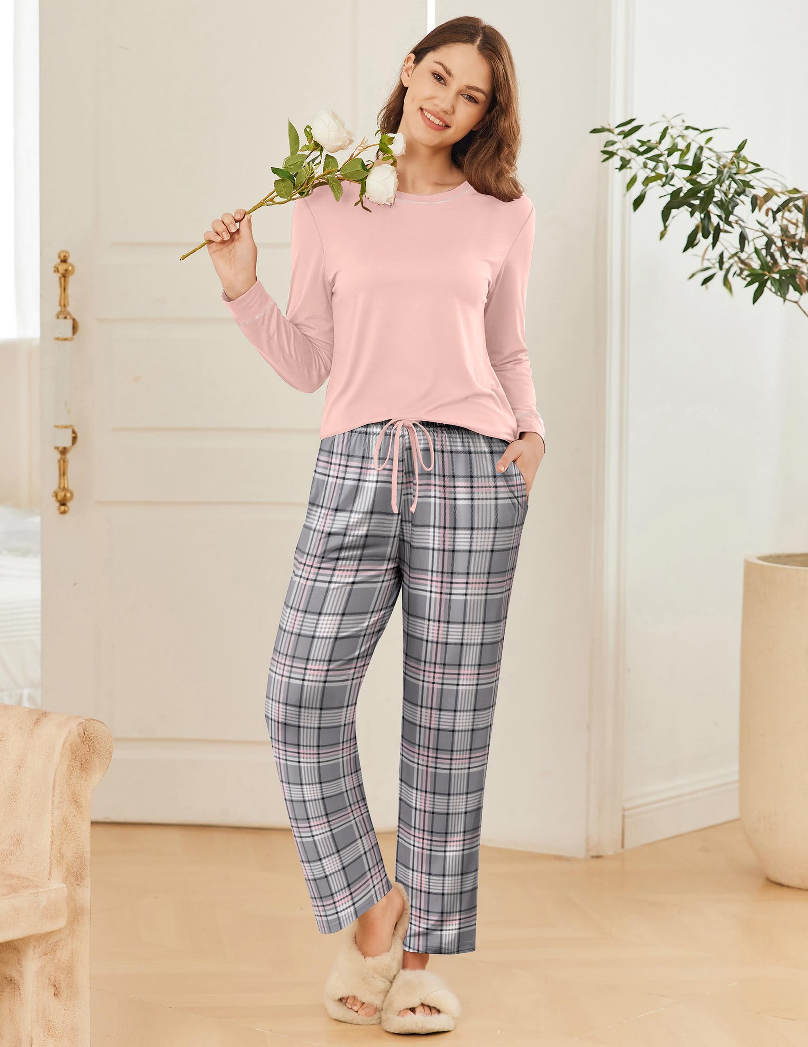 Ekouaer 2 Pack Women Pajama Long Sleeve Sleepwear Soft Loungewear Pjs Sets with Pockets S-XXL