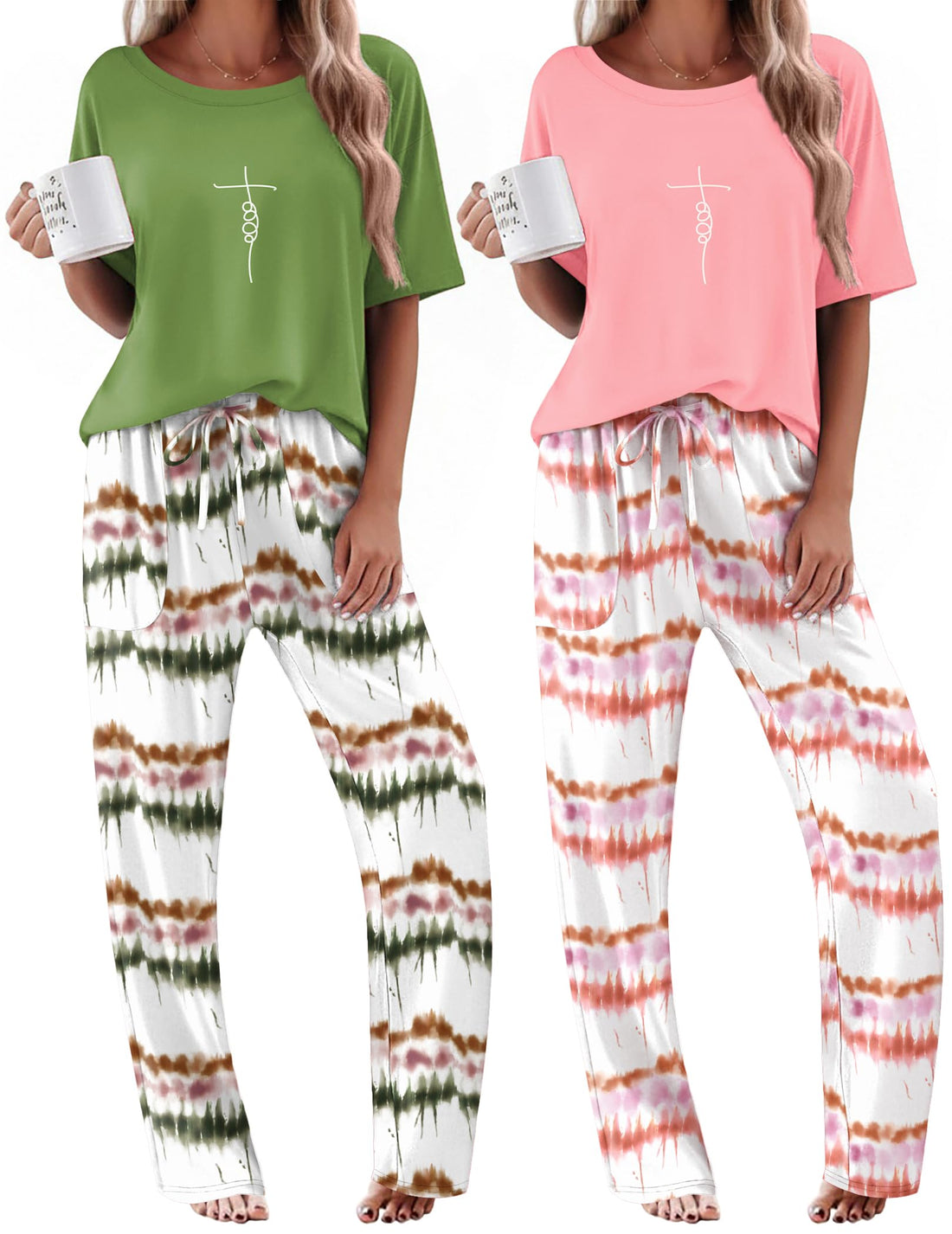 Ekouaer 2 Pack Womens Pajama Sets Short Sleeve Tops and Long Pants Casual Comfy Pjs Lounge Set with Pockets,S-XXL